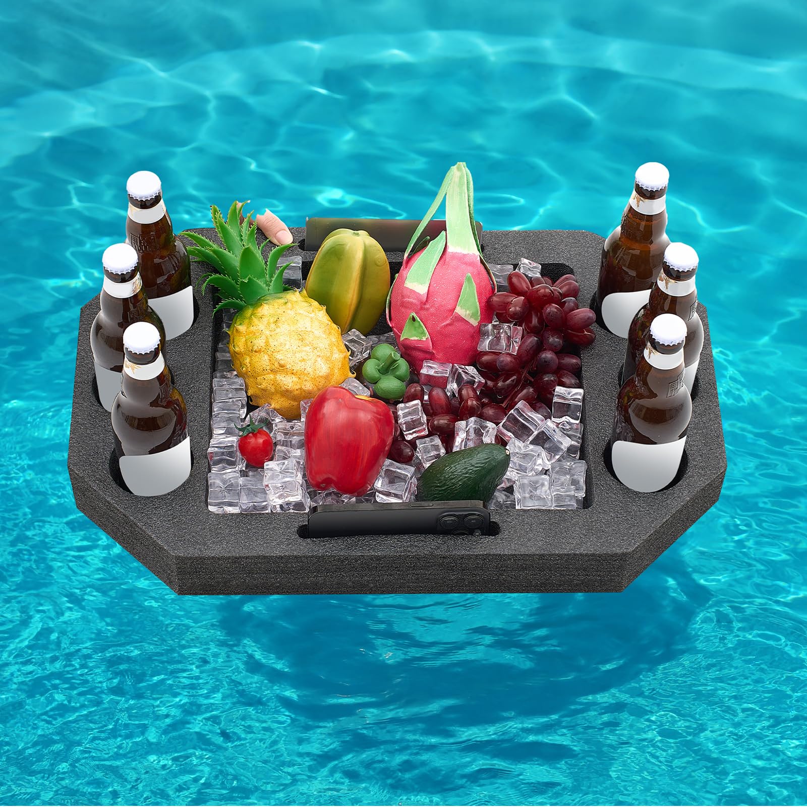Photo 1 of Qinyoung Large Floating Drink Holder Black Floating Refreshment Table Tray Compartment Portable Floating Pool Tray for Swimming Pool Accessories Hot Tub Beach and Party Decor (Octagon Six Holes)