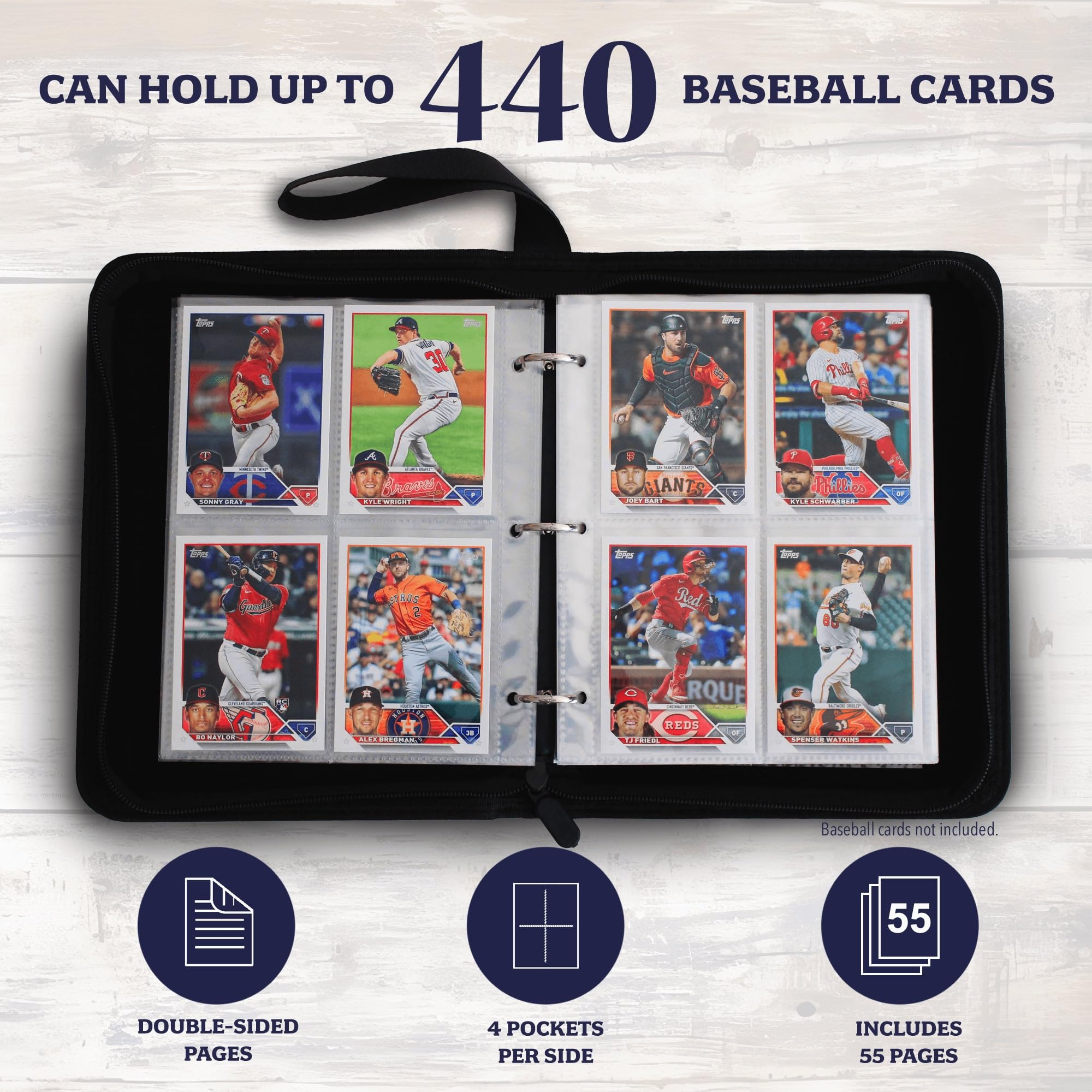 Baseball Card Binder 440 Pockets, 55 Sleeves - 3 Ring Zipper Trading Card Holder, 4 Pocket Pages, Collector Organizer - View #11