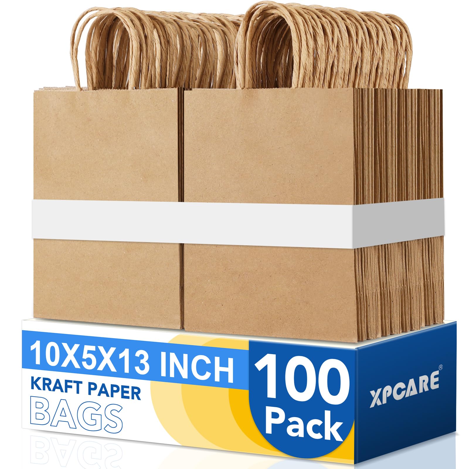 XPCARE Large Brown Paper Bags, 100 Packs 10x5x13 Inch Gift Bags with Handles Bulk Paper Bag with Handles Retail Kraft Paper Bag Brown Gift Bags for Wedding Party Shopping