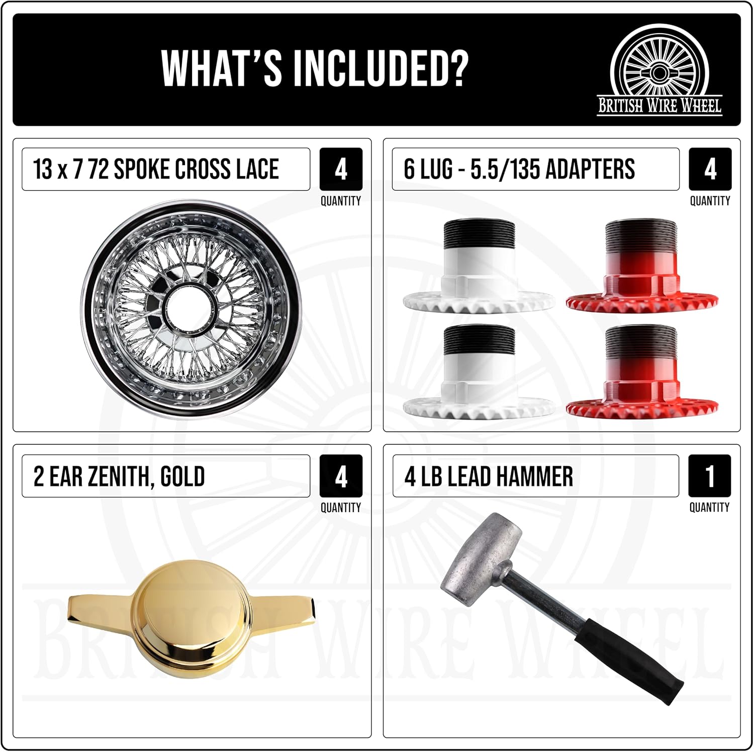 13x7 Reverse 72 Spoke Cross Lace Wire Wheels with Zenith 2 Ear Gold Knock Off Spinner Caps + Adapters 6x5.5, 6x135 | Chrome Deep Dish Lowrider Rims | Set of 4 + Lead Hammer