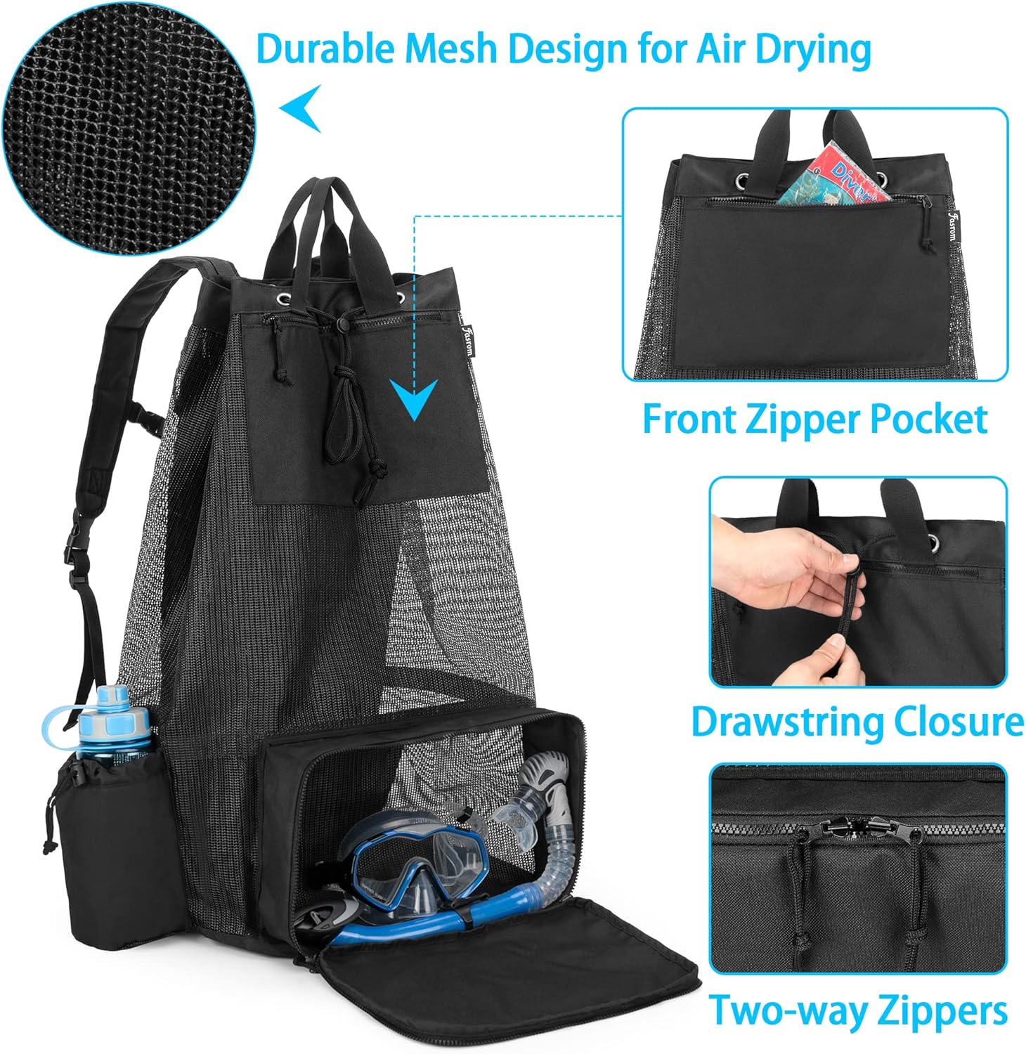 Fasrom XL Scuba Gear Bag, Mesh Dive Backpack for Snorkel Gear, Black (Empty Bag Only, Patent Design)