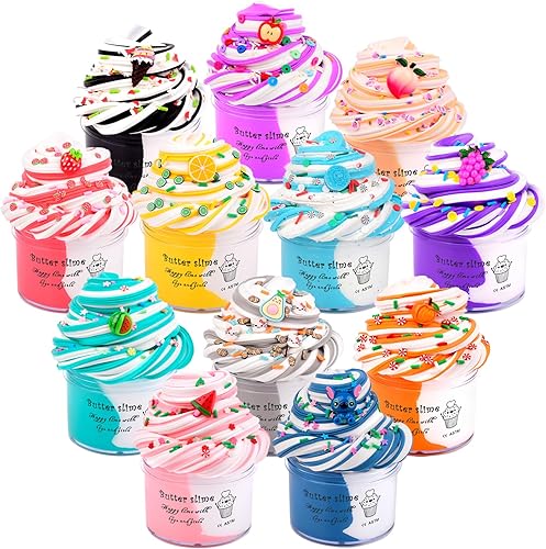 Kit de slime de mantequilla, paquete de 12 regalos de fiesta, juguetes de masilla prefabricados para niños, juego de limo de mantequilla de doble
