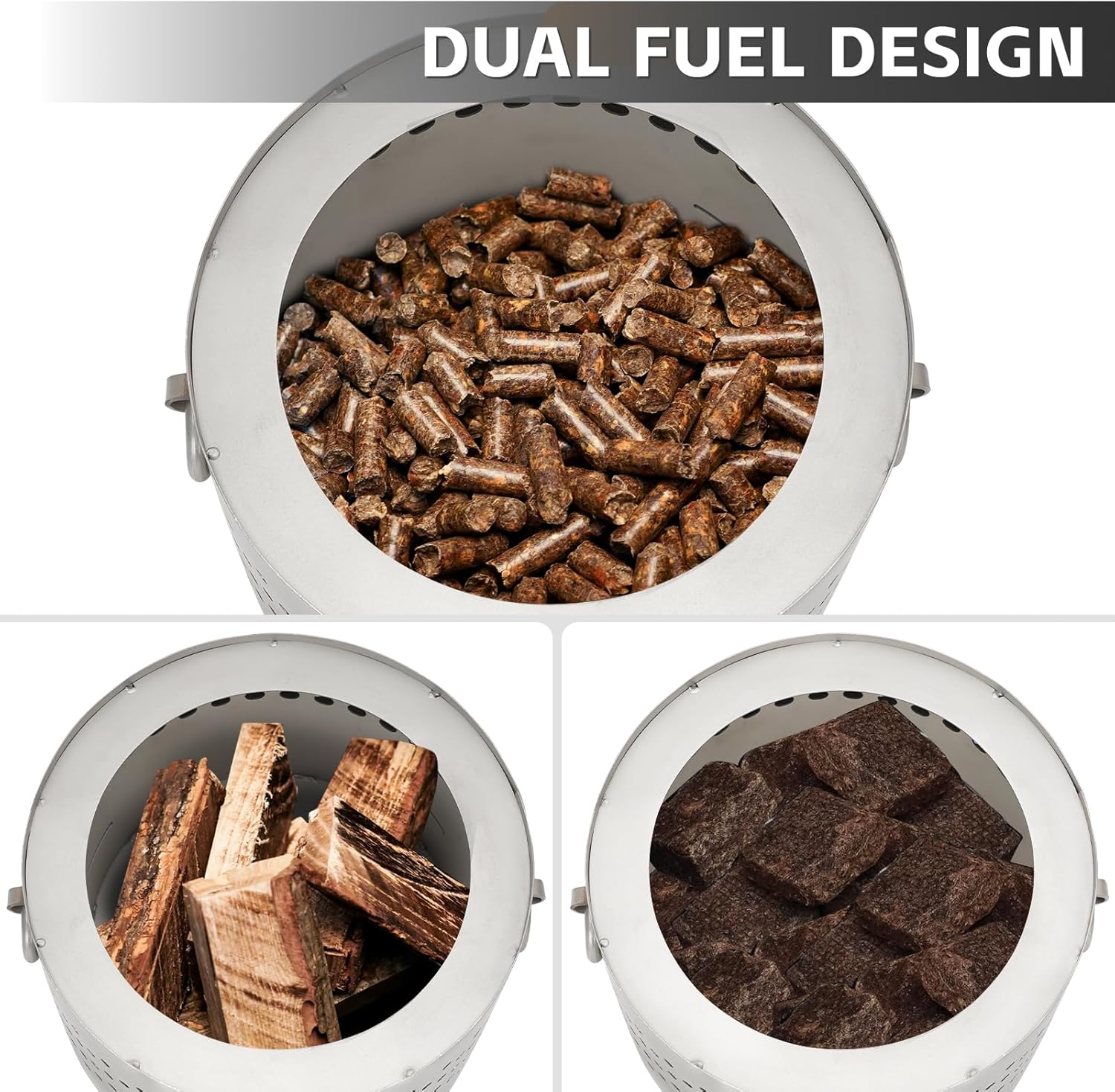 Fire pit filled with wood pellets and wood logs, illustrating dual fuel design