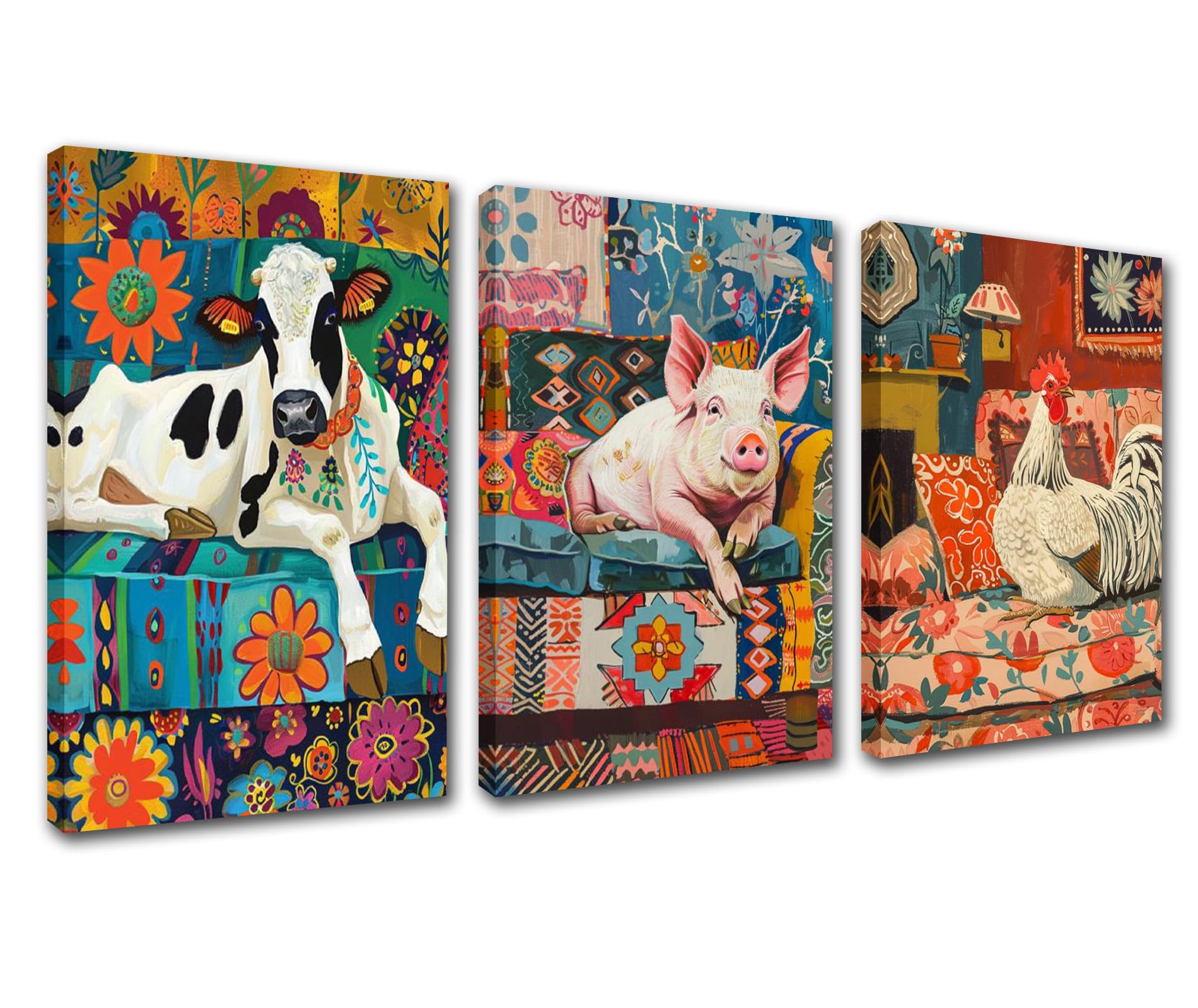 Farm Animals Canvas Wall Art for Living Room Decor 3 Pieces Farmhouse Animal Oil Paintings Pig Cow Rooster Artwork Decor Room Wall Pictures Lovely Art Modern Artwork Framed Ready to Hang 60''Wx28''H โ image 1