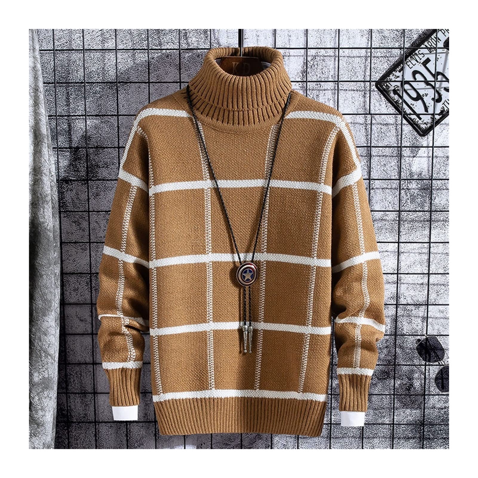 Wąski sweter miękki dzianinowy sweter ubrania męskie zima grube ciepłe męskie w kratę swetry moda klasyczny golf Boże Narodzenie męski sweter ciepły (kolor: E5, rozmiar: 2XL)