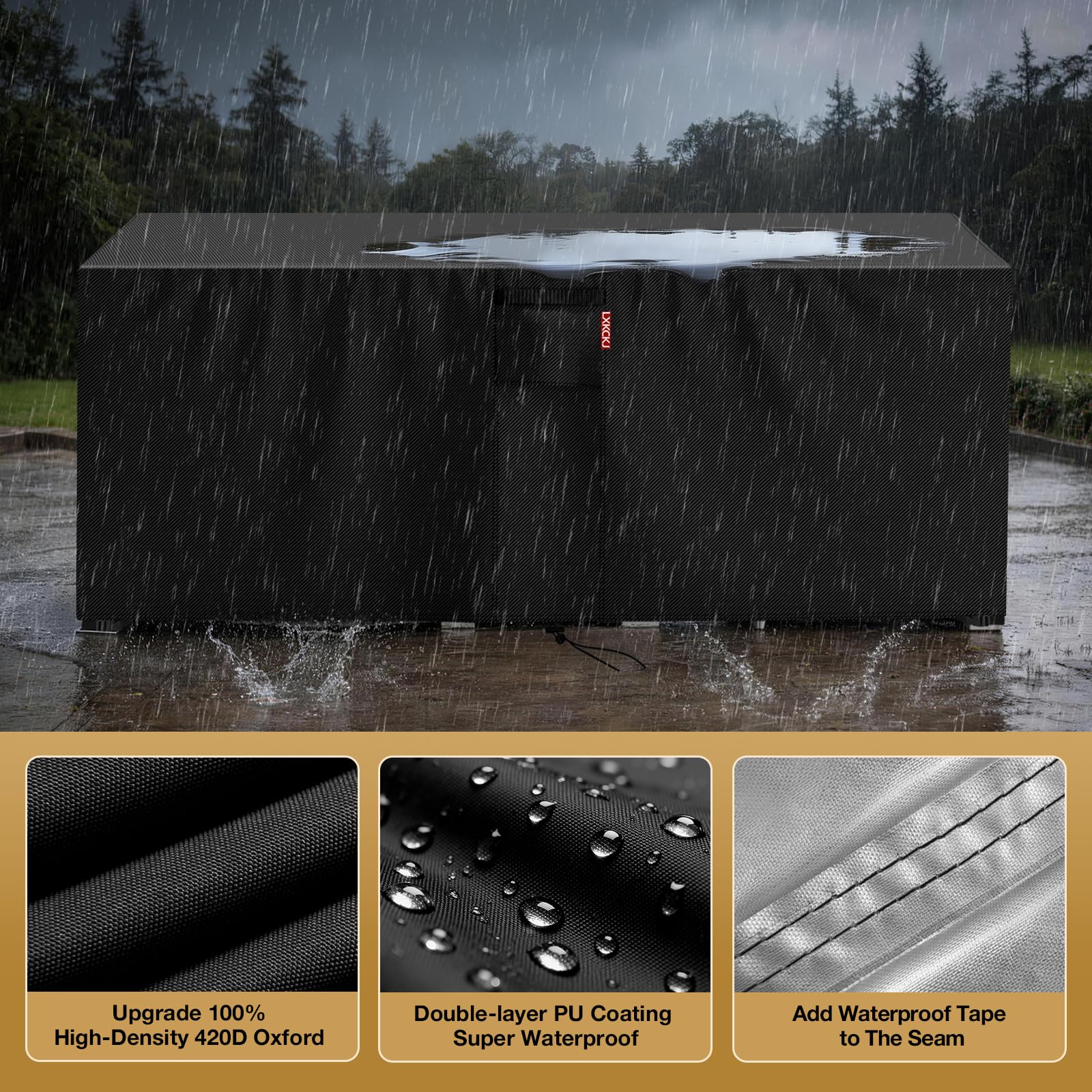 LXKCKJ Waterproof Outdoor Patio Furniture Cover UV and Dustproof Sofa Cover with Vents, Handles and Buckles (Black, 90"L x 64"W x 28"H) - 5