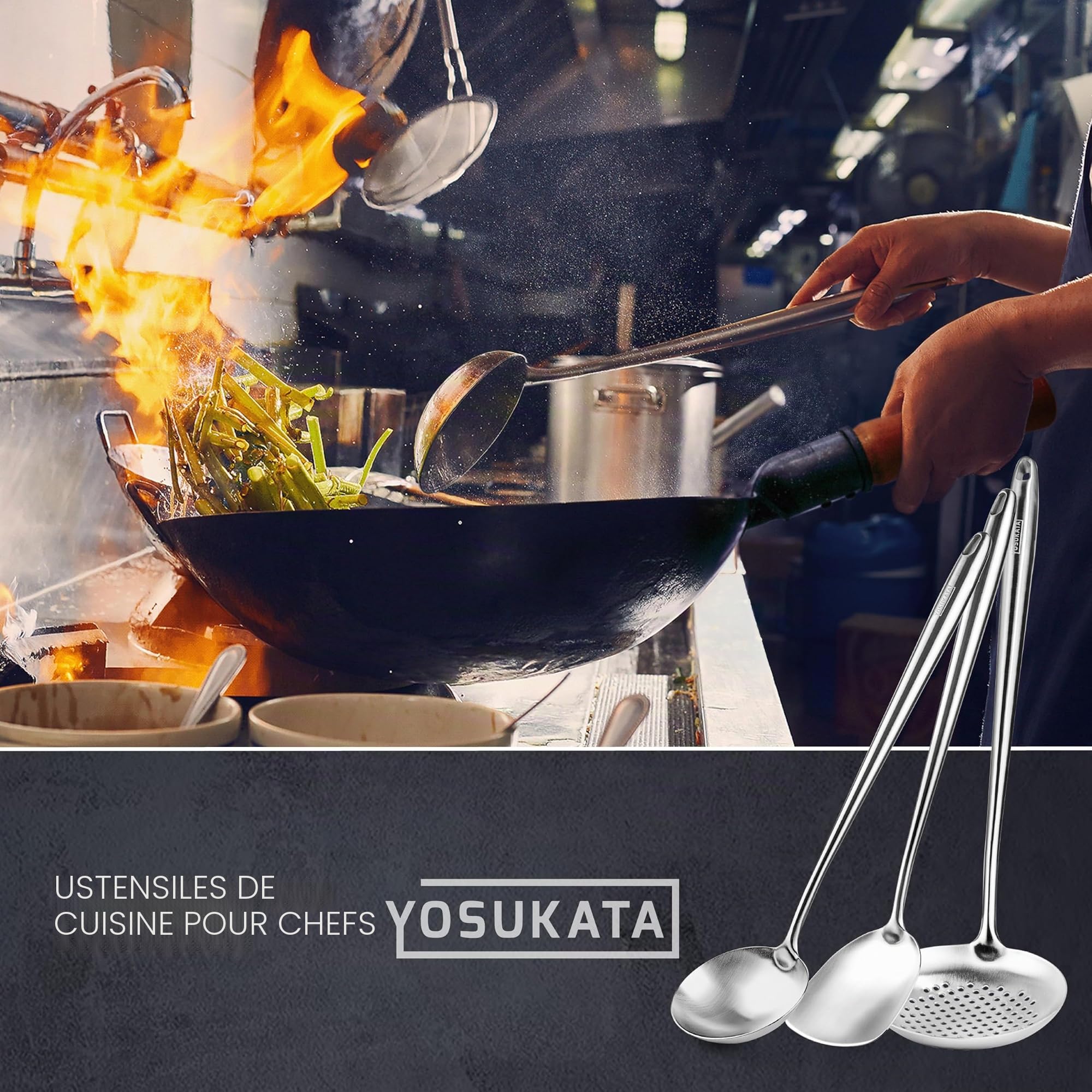 YOSUKATA Spatule, Louche Et Écumoire De Cuisine En Inox Pour Wok 43 cm | Spatule Plancha - Louche Professionnel - Écumoire Ustensiles de Cuisine Inox - Spatule Wok en acier inoxydable 304 -