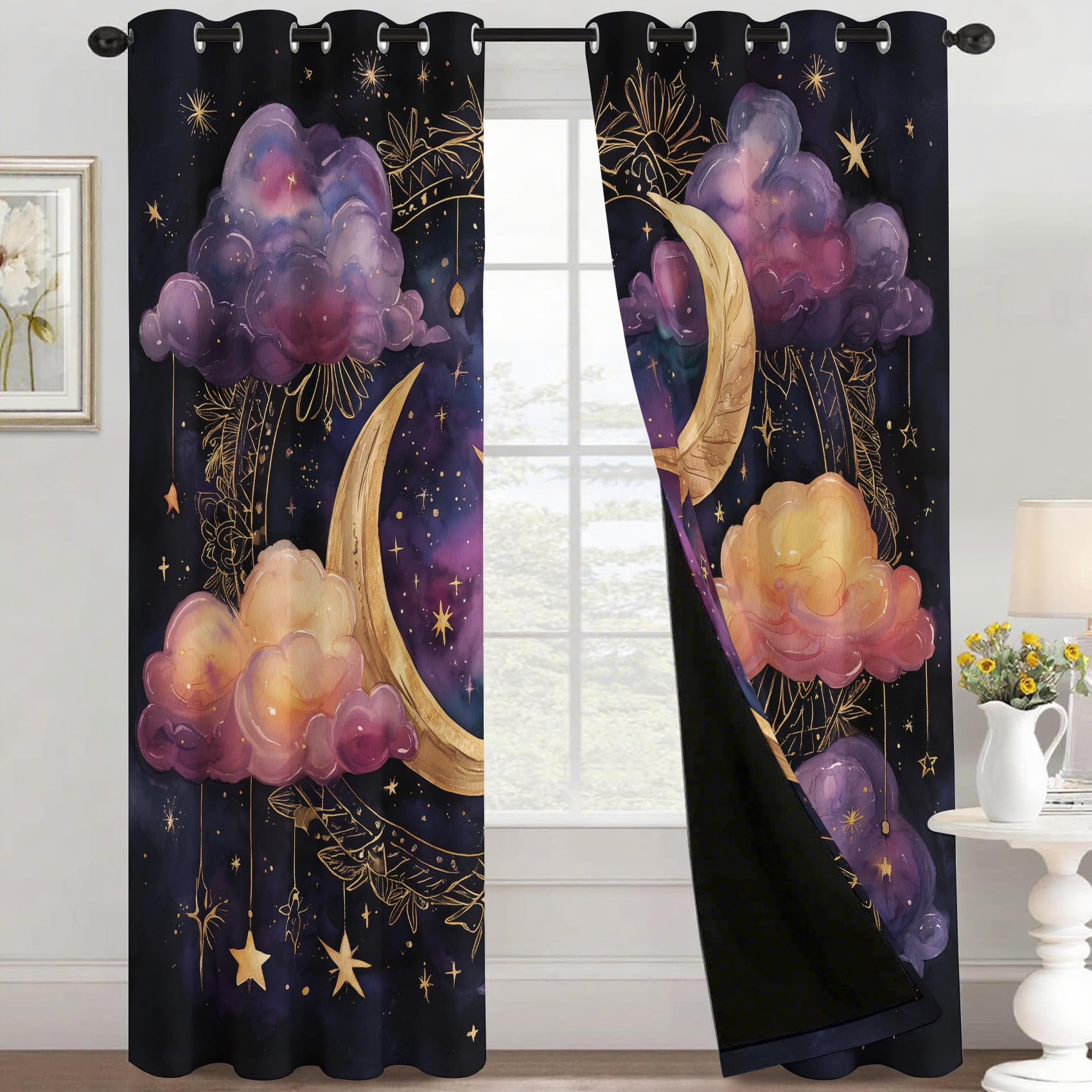 Générique Rideau Occultant Nuage Lune, Lot de 2 75x166(LxH) | Rideaux Thermiques Motif Étoile Ciel Nocturne pour Decoration Chambre Salon, Draperies Intérieurs à Oeillets E8029