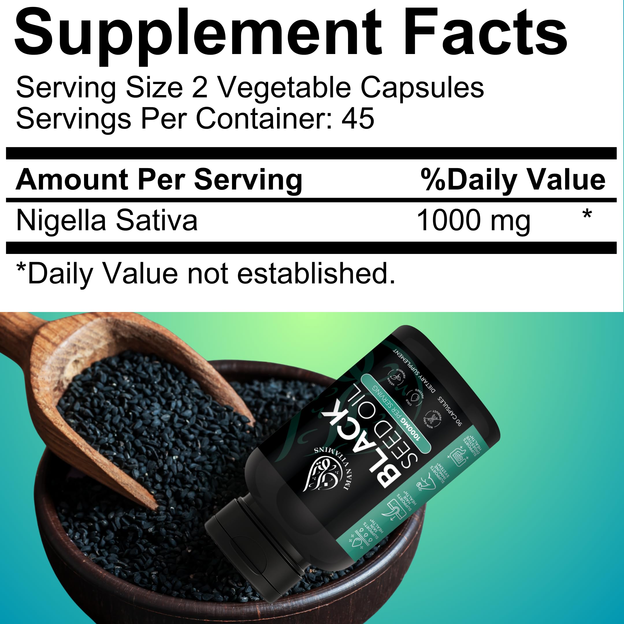 Halal Natural Black Seed Oil Capsules 1000mg Cold Pressed, Vegan, Non-GMO Nigella Sativa Capsules, Gluten Free Pills | 90 Count, 1000mg PS — Amazon image 7