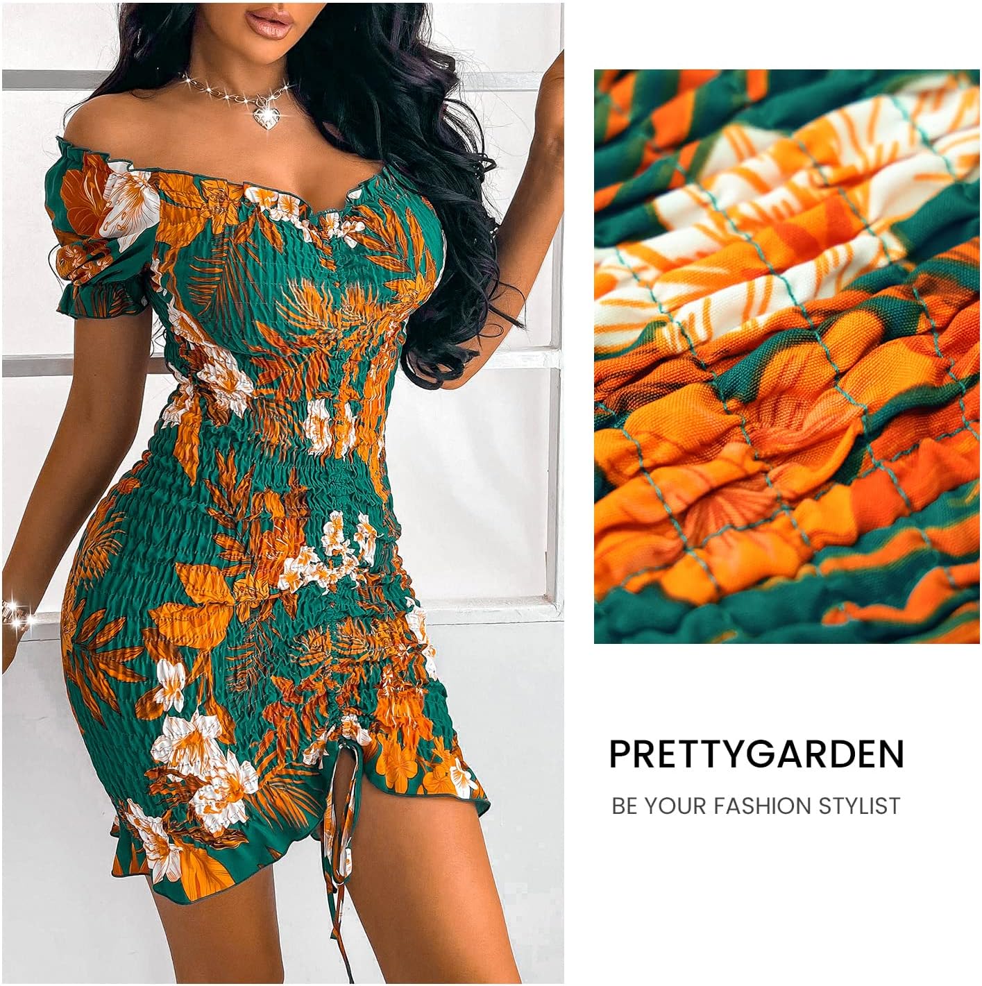 PRETTYGARDEN Women's Summer Off Shoulder Bodycon Dresses Short Sleeve Drawstring Sexy Mini Party Club Smocked Dress - (color: Dark Green, size: Large)