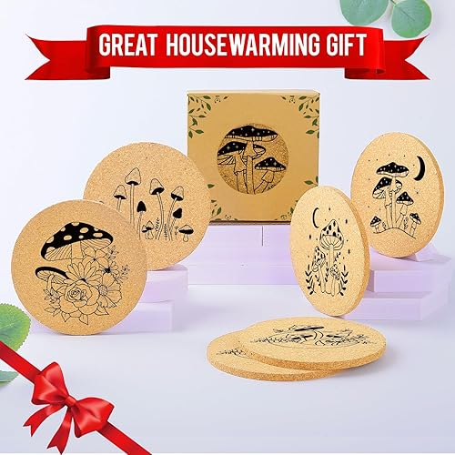 Miniatura 7 de Posavasos para bebidas con soporte, paquete de 6, regalos de inauguración de la casa para parejas nuevas, absorbente, madera de corcho, lindo