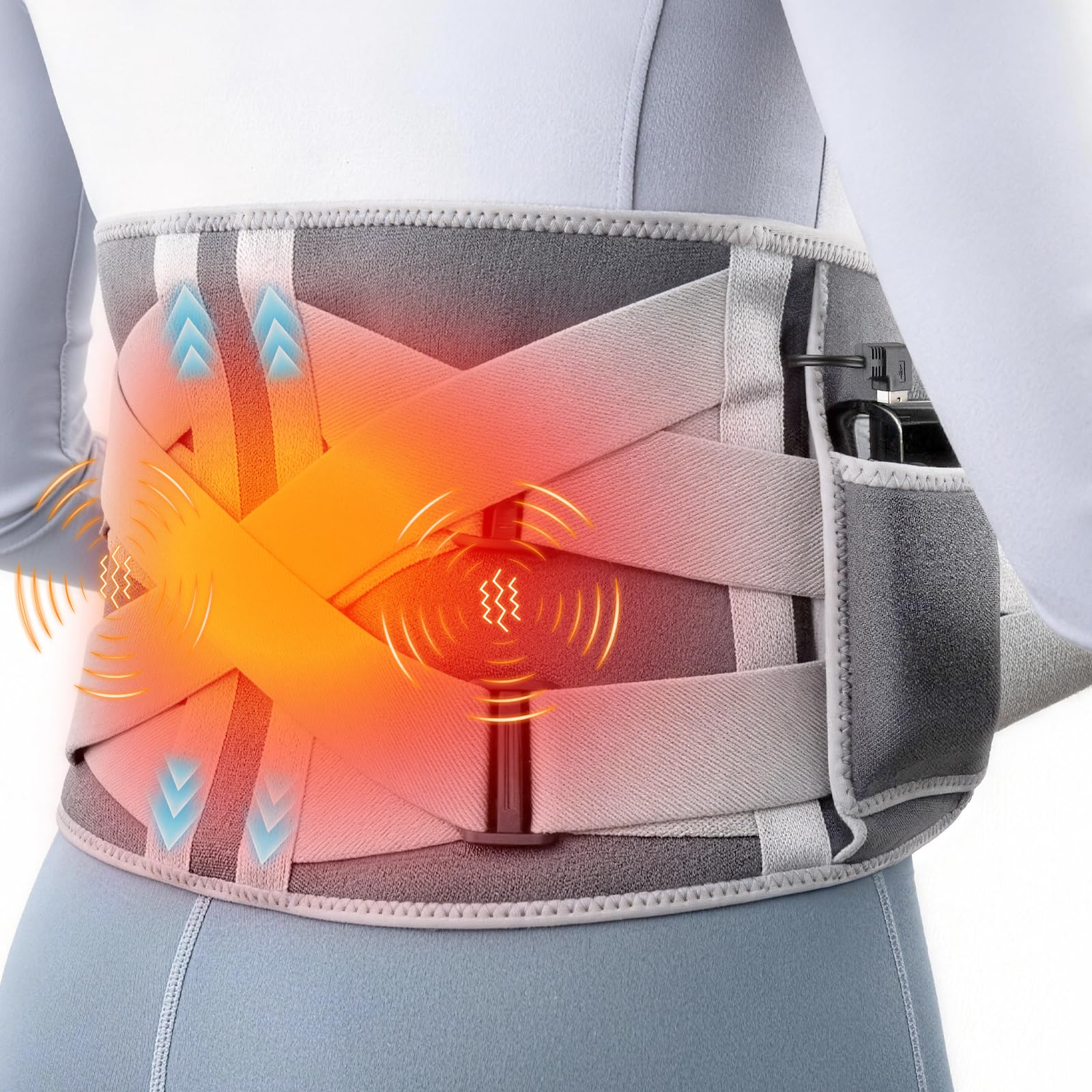 comfheat Cordless Back Heating Pad with Vibration Massage for Pain Relief, Portable Lower Back Massager Wearable Heat Brace 10000mAh Battery Powered