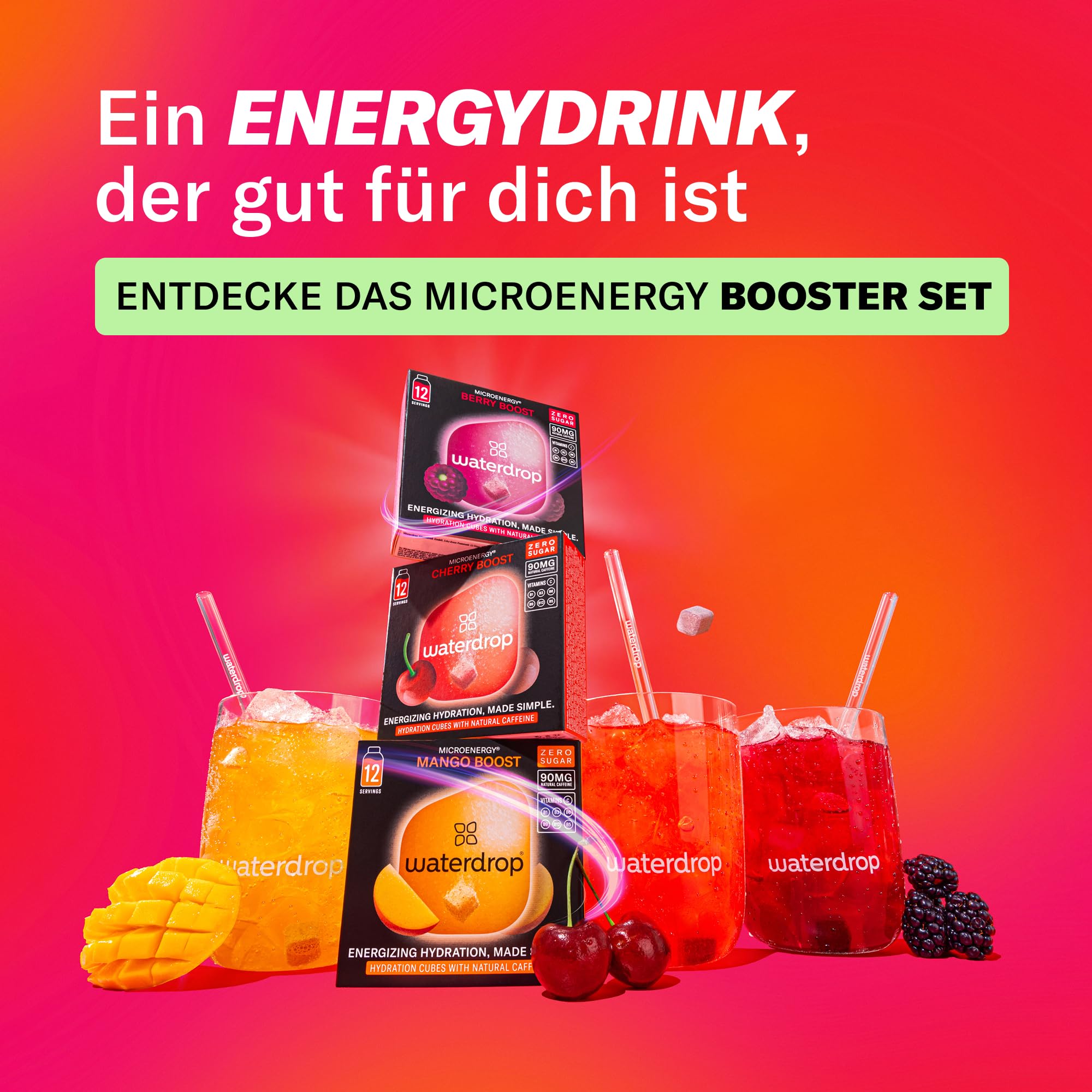 waterdrop® Microenergy Set, Energy Drink Pulver, 36 Würfel Getränkepulver, Mango, Kirsche & Brombeere Geschmack, Zuckerfrei & Kalorienarm, Mit 90 mg Natürlichem Koffein, Vitamin C & B – Flavour Drops