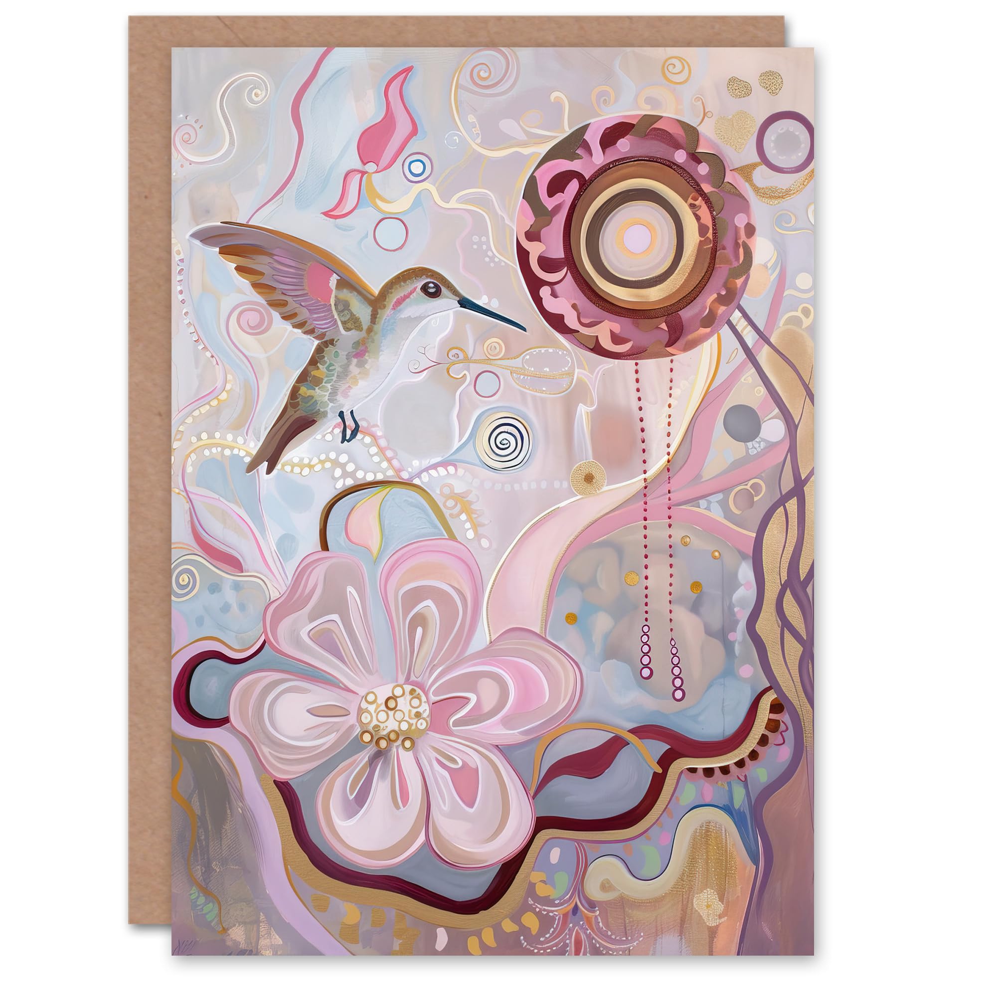 Artery8 Greeting Card Folk Art Hummingbird with Pink Abstract Flowers For Her Woman Birthday Card
