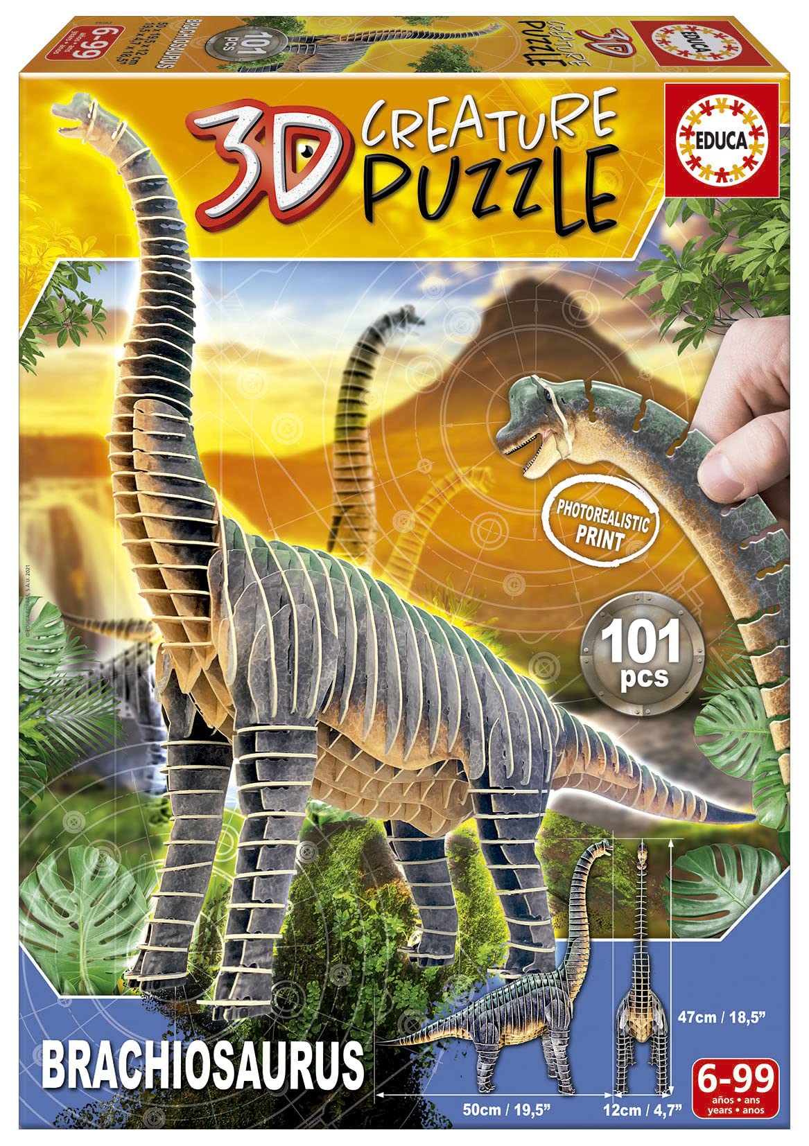 Educa - Brachiosaur Creature Puzzle, Assemble your own 3D Dinosaur, 50 cm long and 47 cm high, 101 pieces of thick recycled cardboard, photorealistic images, for ages 5 and up (19383)