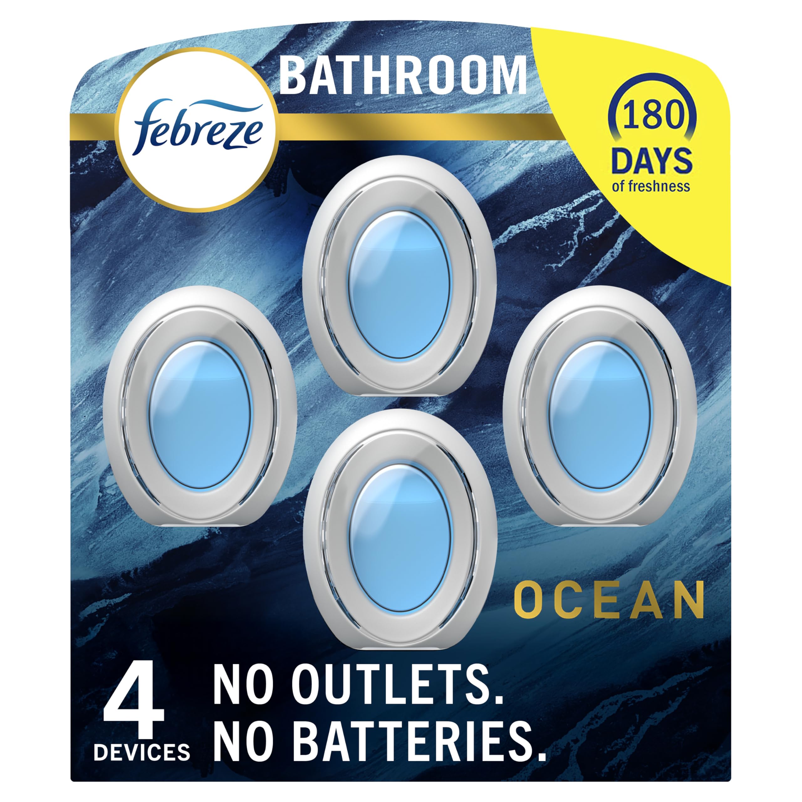 Febreze Bathroom Air Freshener, Odor-Fighting, Plug In Alternative, Air Fresheners for Home and Bathroom and Kitchen, Closet Air Fresheners, Ocean Scent, 4 Count - (Packaging May Vary)