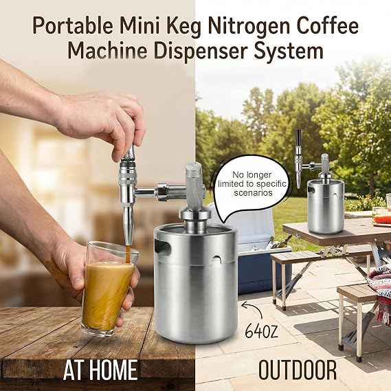 Nitro Cold Brew Coffee Maker, 64oz SS Mini Keg Cold Brew Maker, Nitro Coffee Machine System with Pressure Relief Valve & Stout Creamer Faucet Nitro Keg Coffee Growler for Homebrewing