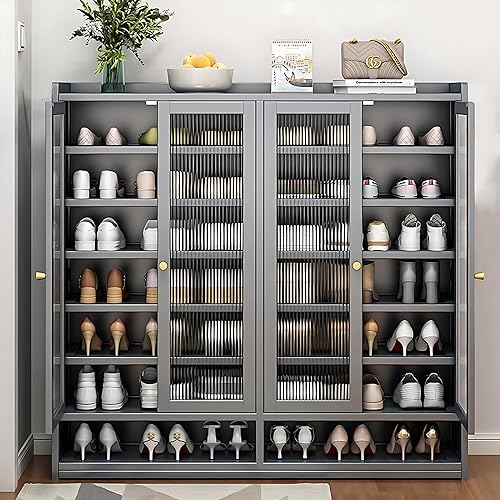 Miniatura 6 de Zapatero de bambú con puerta, zapatero de 8 niveles para armario, armario de almacenamiento de zapatos de entrada para 36-40 pares, organizador de