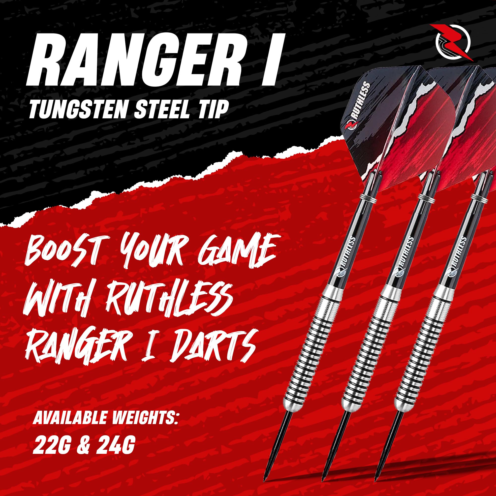 RUTHLESS Ranger I Professional zestaw rzutek ze stali wolframowej w rozmiarach 22 g i 24 g, z lokami i trzonkami