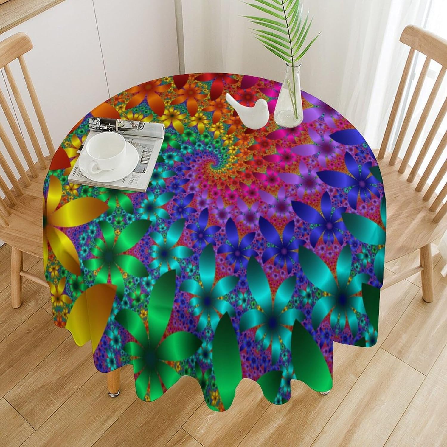 Tie Dye Round Tablecloth Rainbow Floral Spring Reusable Decoration Table Cover for Kitchen Party Bedroom Living Room Dinner Home Wedding, Round 70x70 Inch