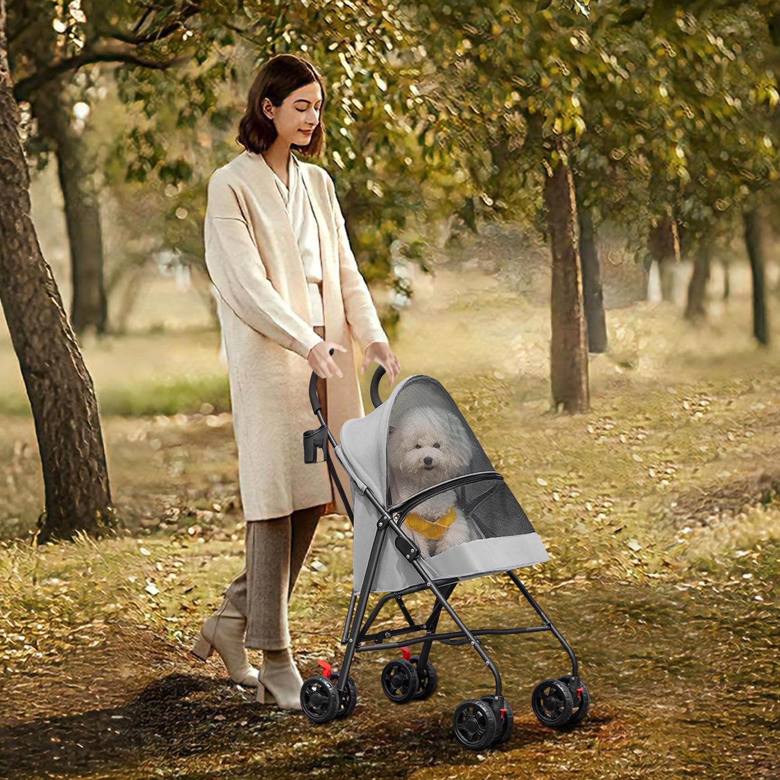 Homewell Składany wózek dla psa i kota, wózek dla zwierząt z uchwytem na kubek i uprzężą bezpieczeństwa, wózek podróżny, nośność 15 kg, koła z hamulcami 360° (szary)
