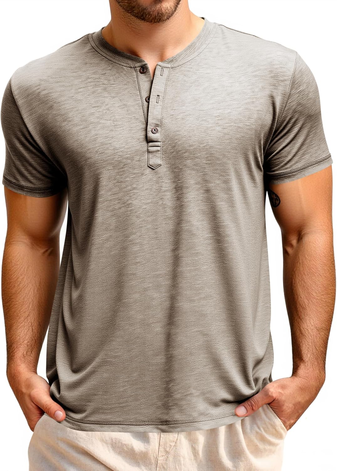 Henley casual T-shirt met korte mouwen voor heren, knoopsluiting met één knoop, eenvoudige V-hals, katoenen hemd, M