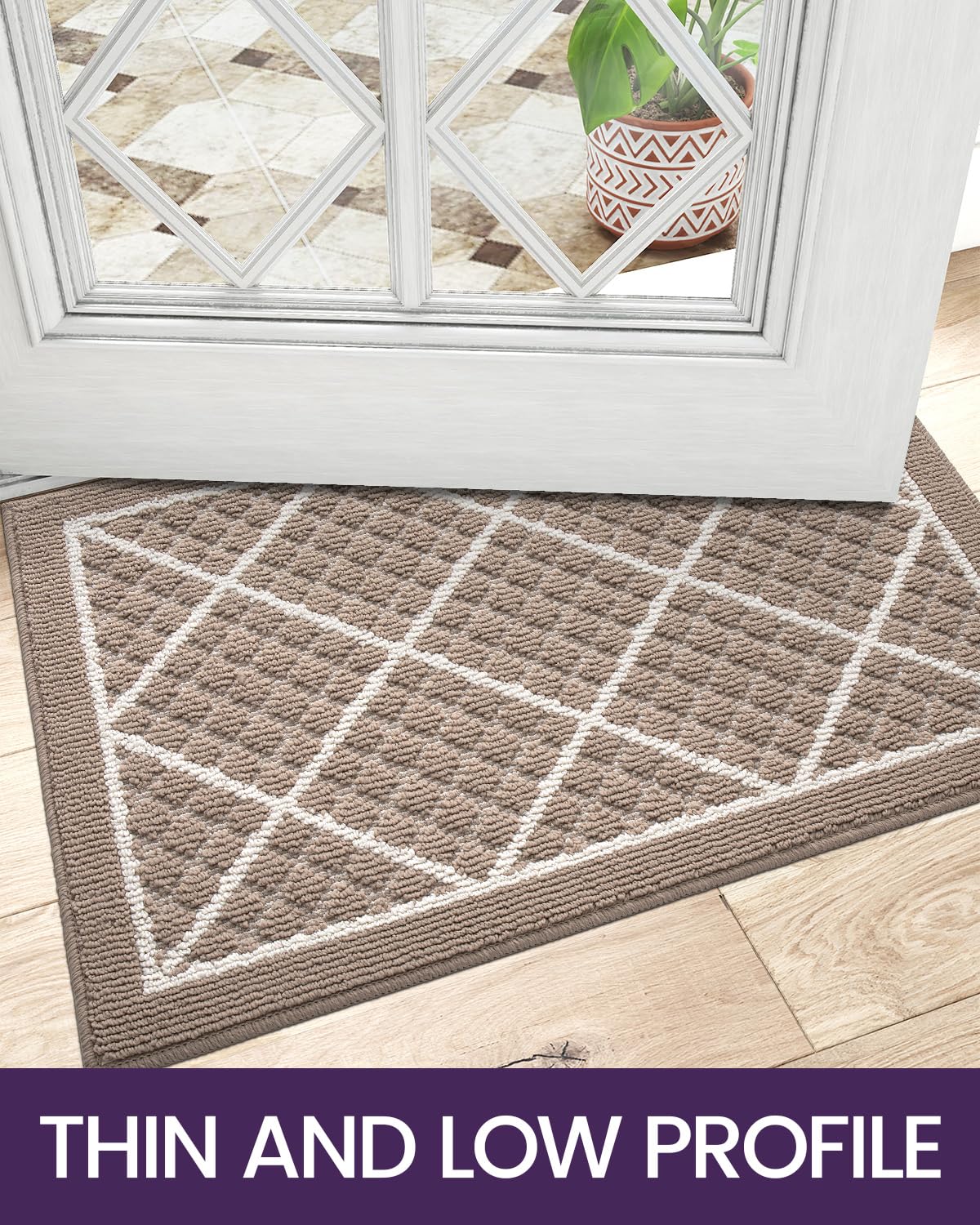 DEXI - Zerbino per porta d’ingresso, 43 x 76,2 cm, antiscivolo, assorbente, a basso profilo, sottile, lavabile, per ingresso interno, garage e patio, beige