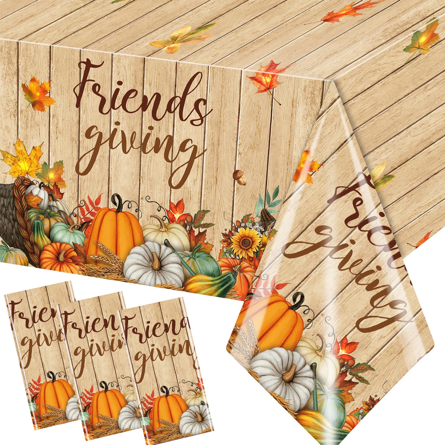 Friendsgiving Party Decorations-3pcs Friendsgiving Tablecloth Fall Maple Leaves Pumpkin Friends Giving Table Cover for Autumn Fall Thanksgiving Party Supplies