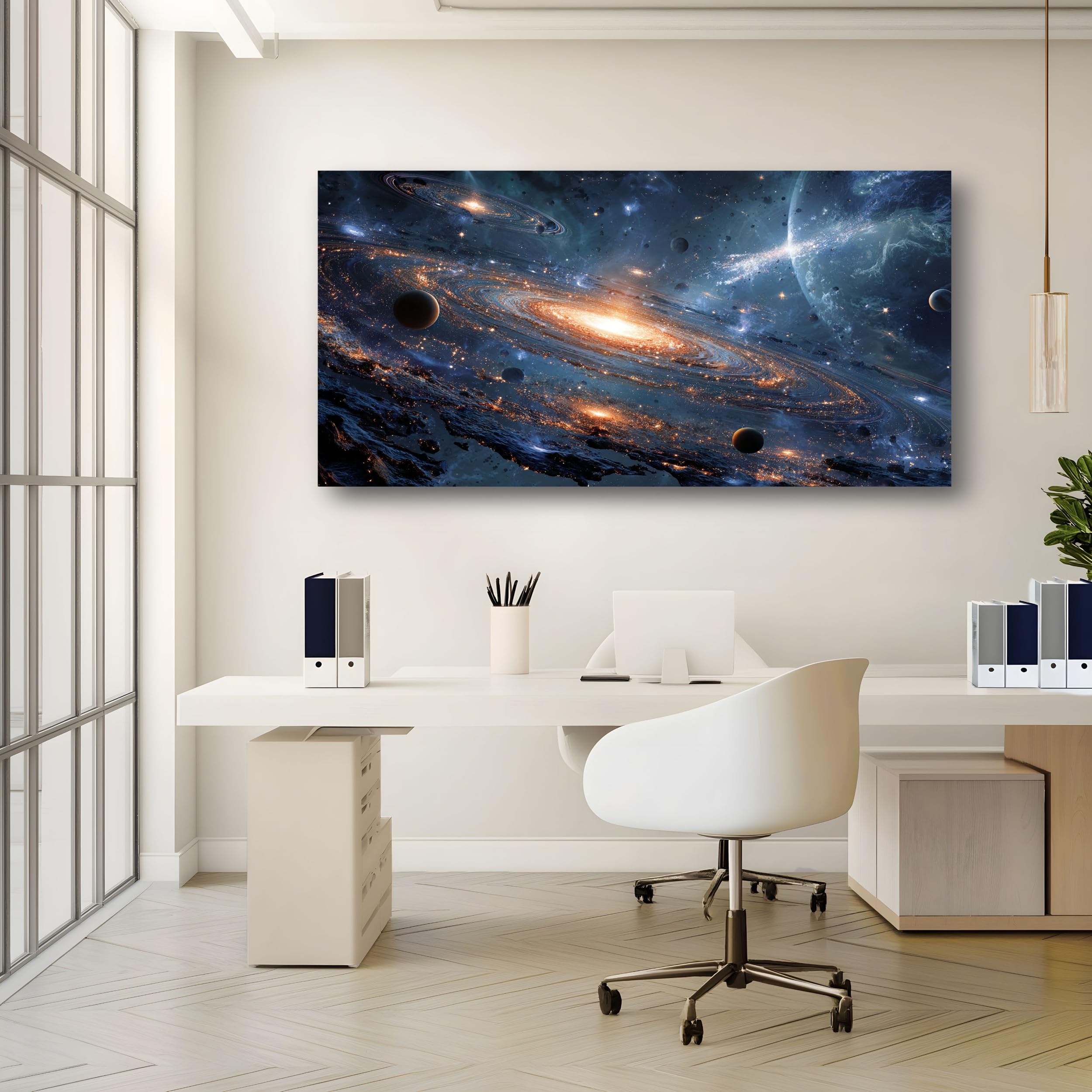 Generico Quadro su Tela Universo Fantasy Decorazioni Parete Senza Cornice | Soggiorno Stelle Di Fantascienza Quadri per Cucina e Salotto, Arte da Parete XXL Blu E Oro Quadro Moderno 80x160 cm