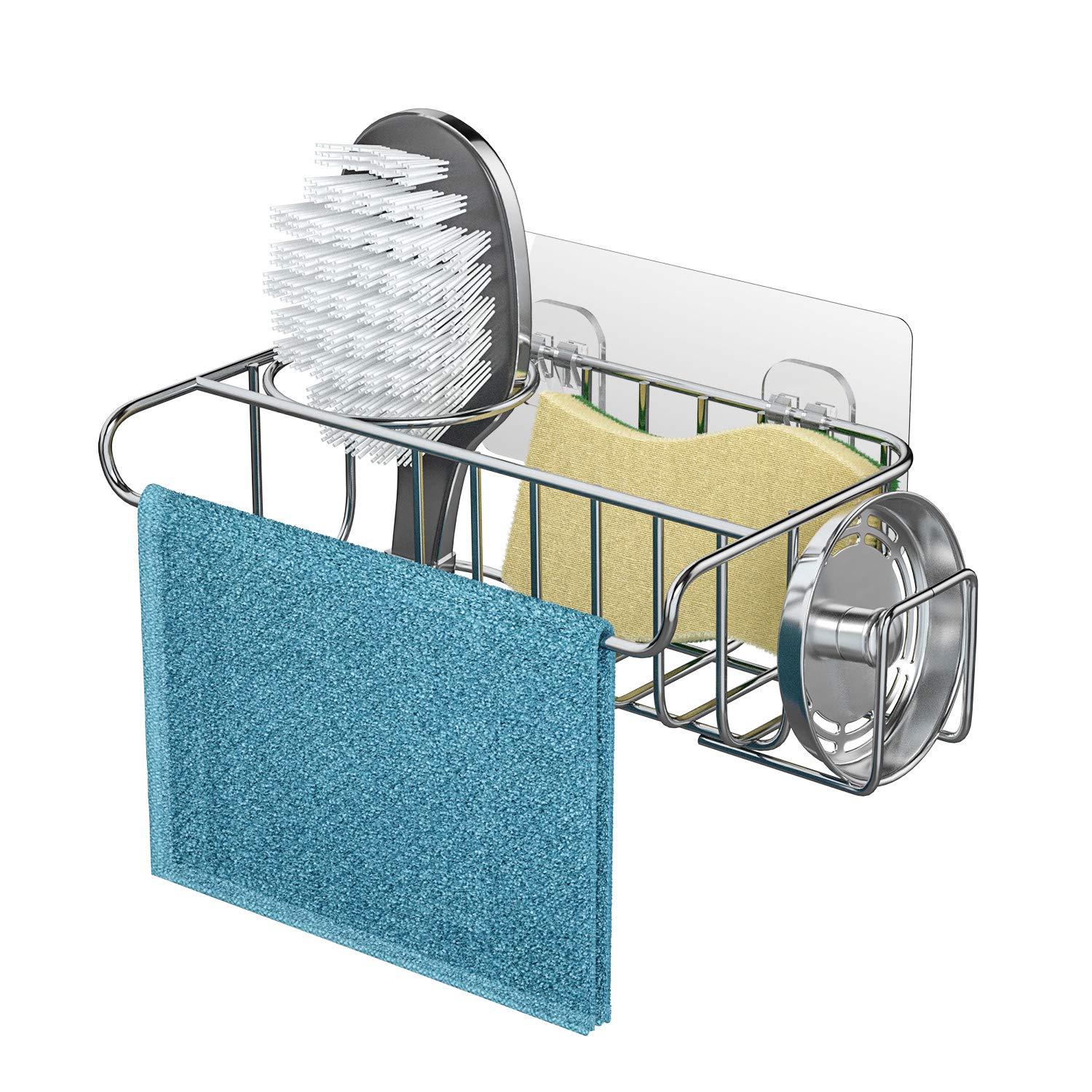 Adhesive Sponge Holder 4 in 1 Kitchen Sink Caddy - Brush holder, Dish Cloth Hanger, Soap Rack and Sink Stopper Holder with 2 Installation Ways for Kitchen Accessories, Stainless Steel