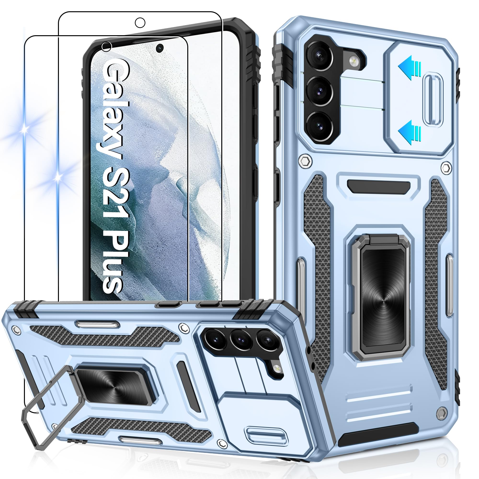 Jshru Handyhülle für Samsung Galaxy S21 Plus Hülle Kameraschutz mit 2 Stück Schutzfolie Militärstandard Stoßfest Schutzhülle 360° Metall Ring Ständer Case für Galaxy S21 Plus,Hellblau
