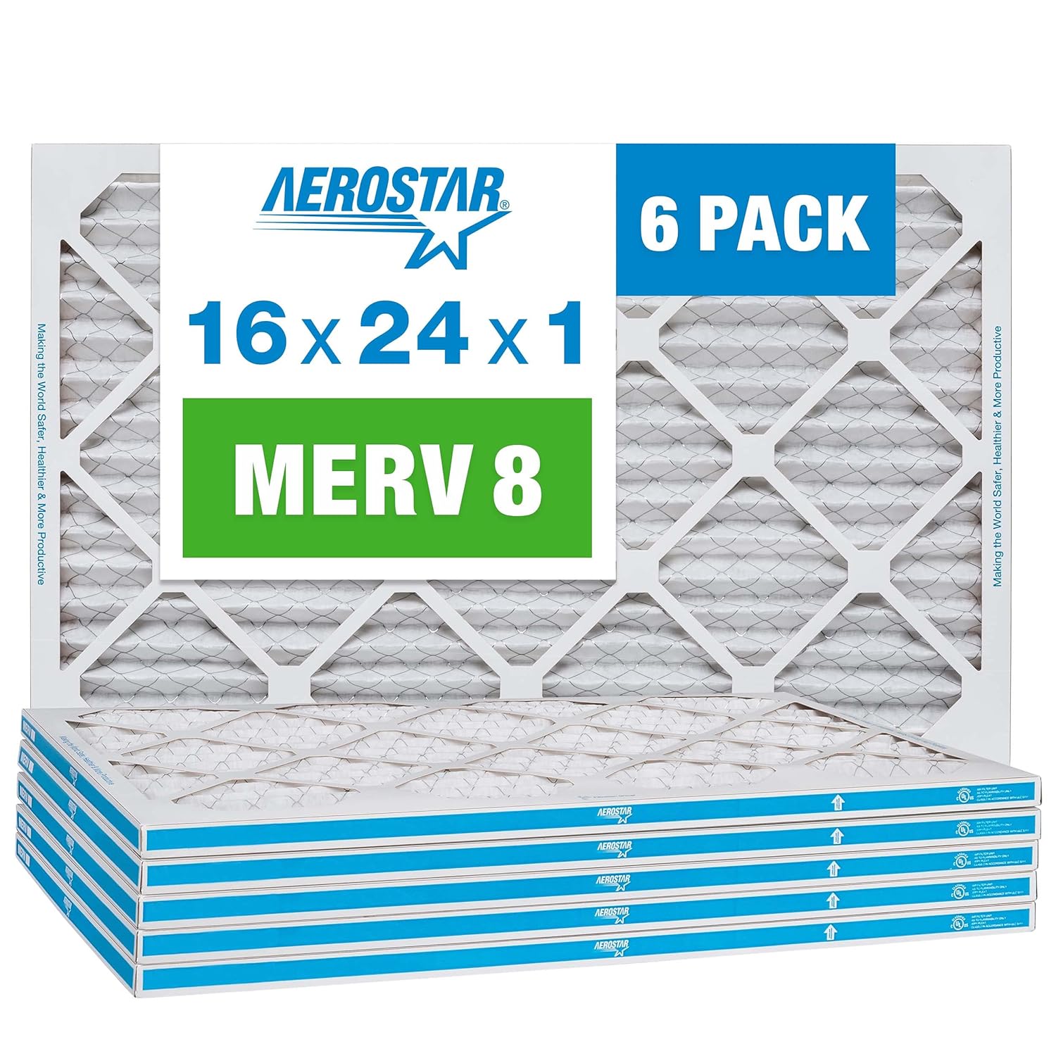 Aerostar 16x24x1 MERV 8 - 6 Count - Pleated HVAC, Furnace & Air Conditioner Filters - Removes Dust, Lint, Mold & Allergy-Causing Pollen