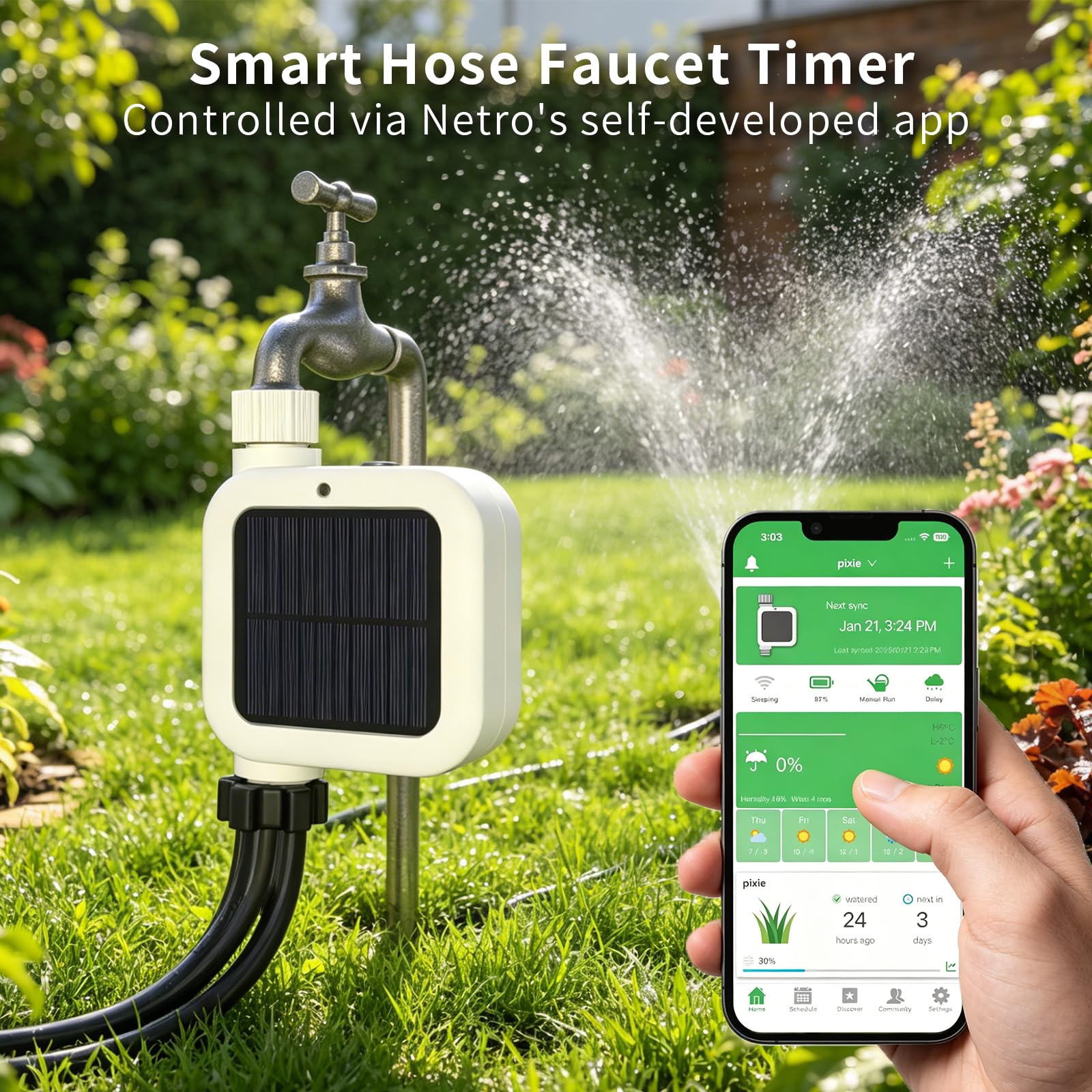 Netro Pixie - Timer intelligente per tubo per irrigazione, collegato a WiFi, alimentato a energia solare, con sensore meteo