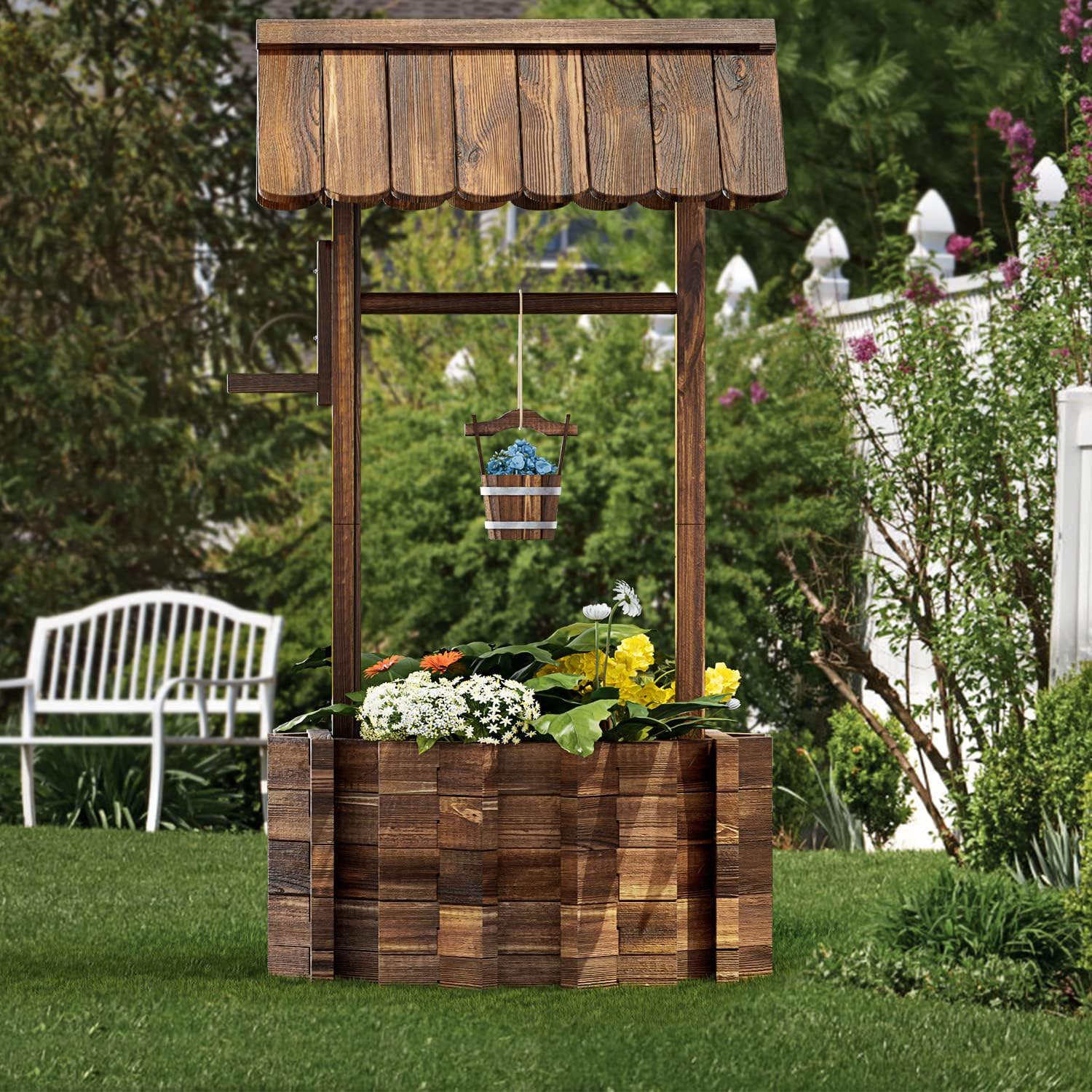 Aoxun Outdoor Wooden Wishing Well Planters with Hanging Bucket, Garden Helper, Rustic Garden Decor for Outside, Yard and Patio, Upgrade - Reinforced Base, Brown