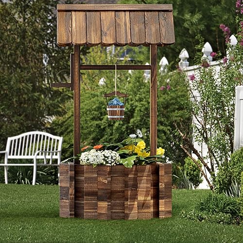 Aoxun Macetas de madera con cubo colgante, ayudante de jardín, decoración rústica de jardín para exteriores, patio y patio, mejoradas, base