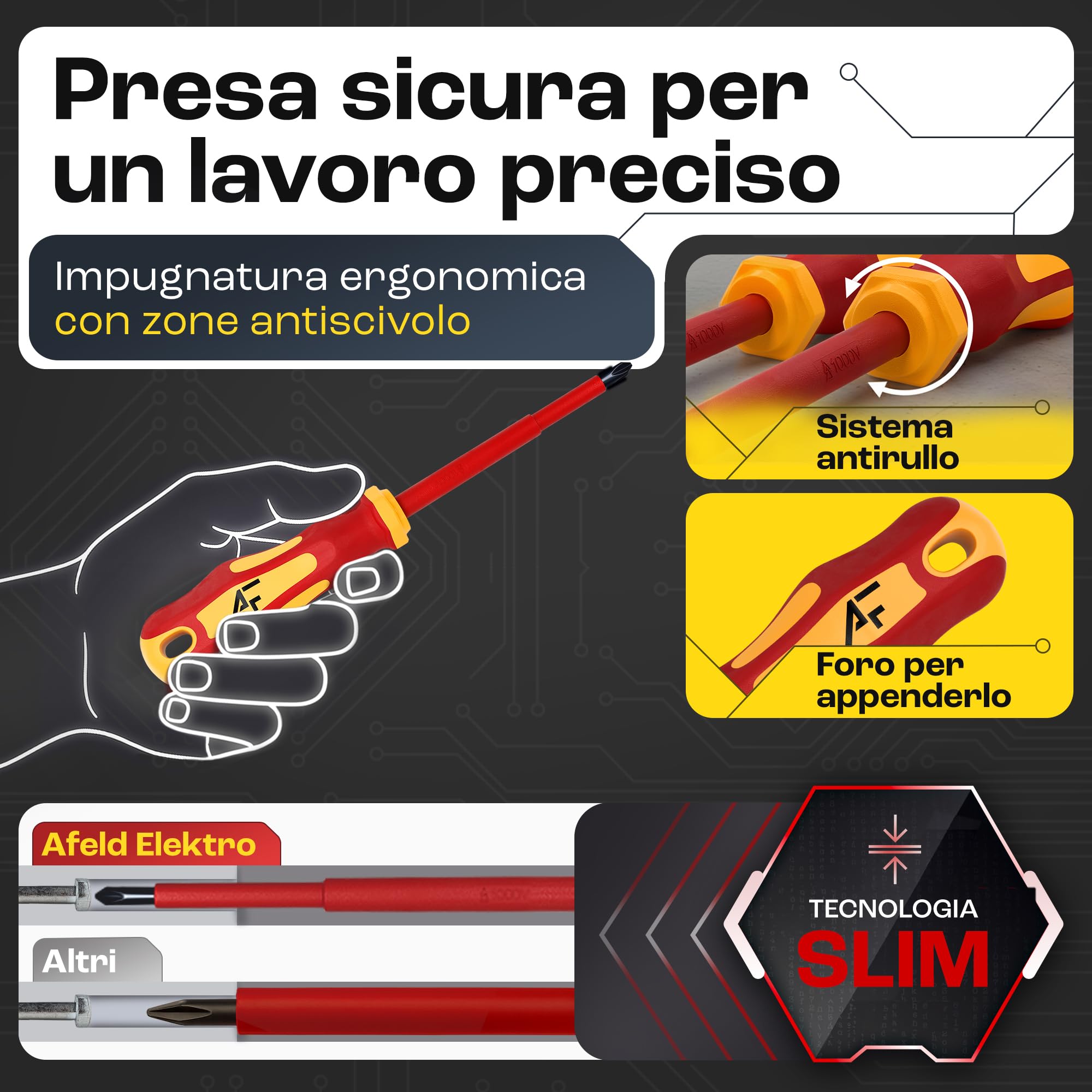 Set Cacciaviti Elettricista VDE Isolati 1000V – 6 Pezzi Magnetici – 3 Piatto + 3 Croce – Acciaio S2 Professionale – Cacciaviti Isolati per Lavori Elettrici di Precisione