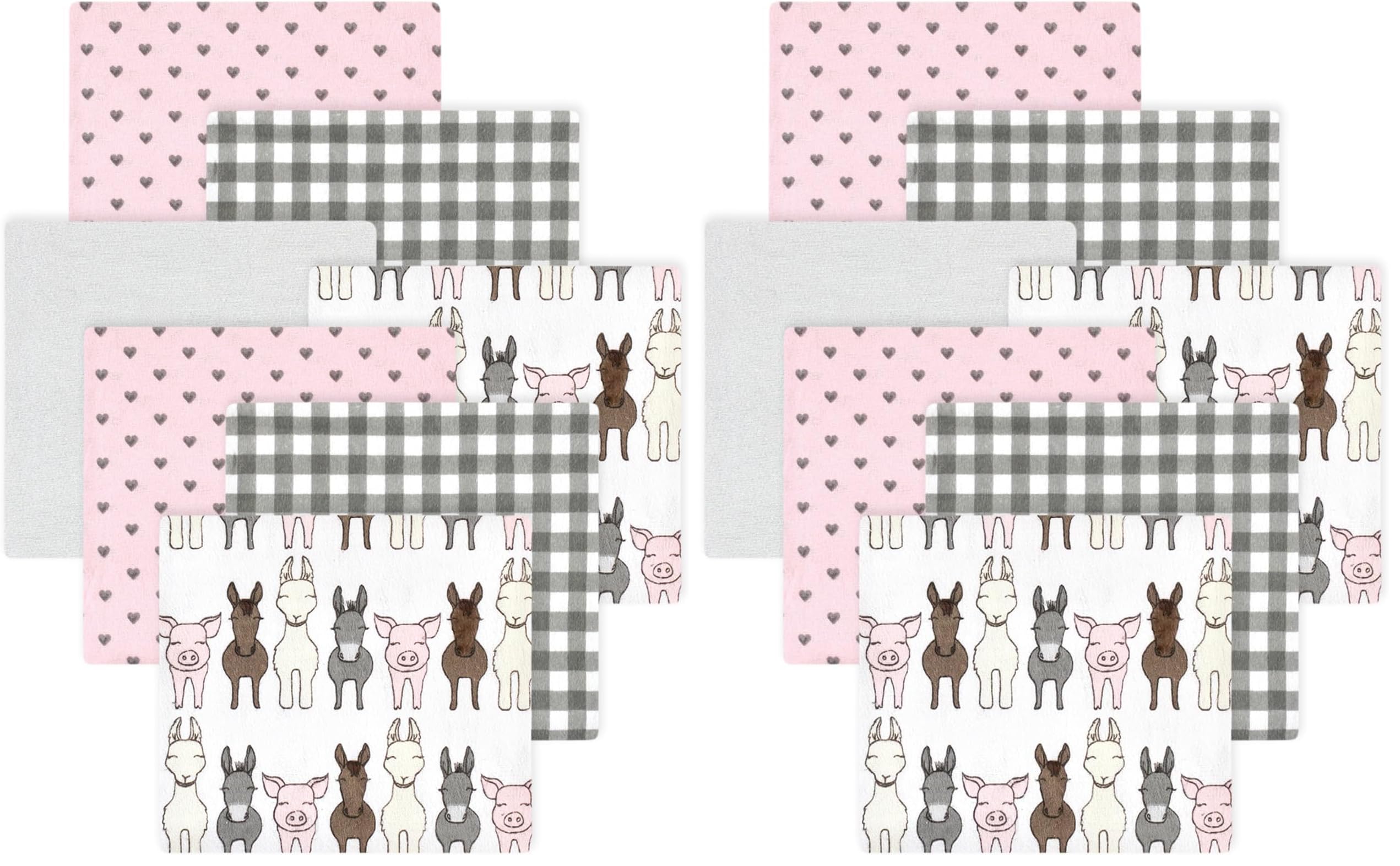Hudson Baby Little Treasure Cotton Poly Flannel Receiving Blankets Multipack, Pink Farm Friends, 30x30 inches (Pack of 2)