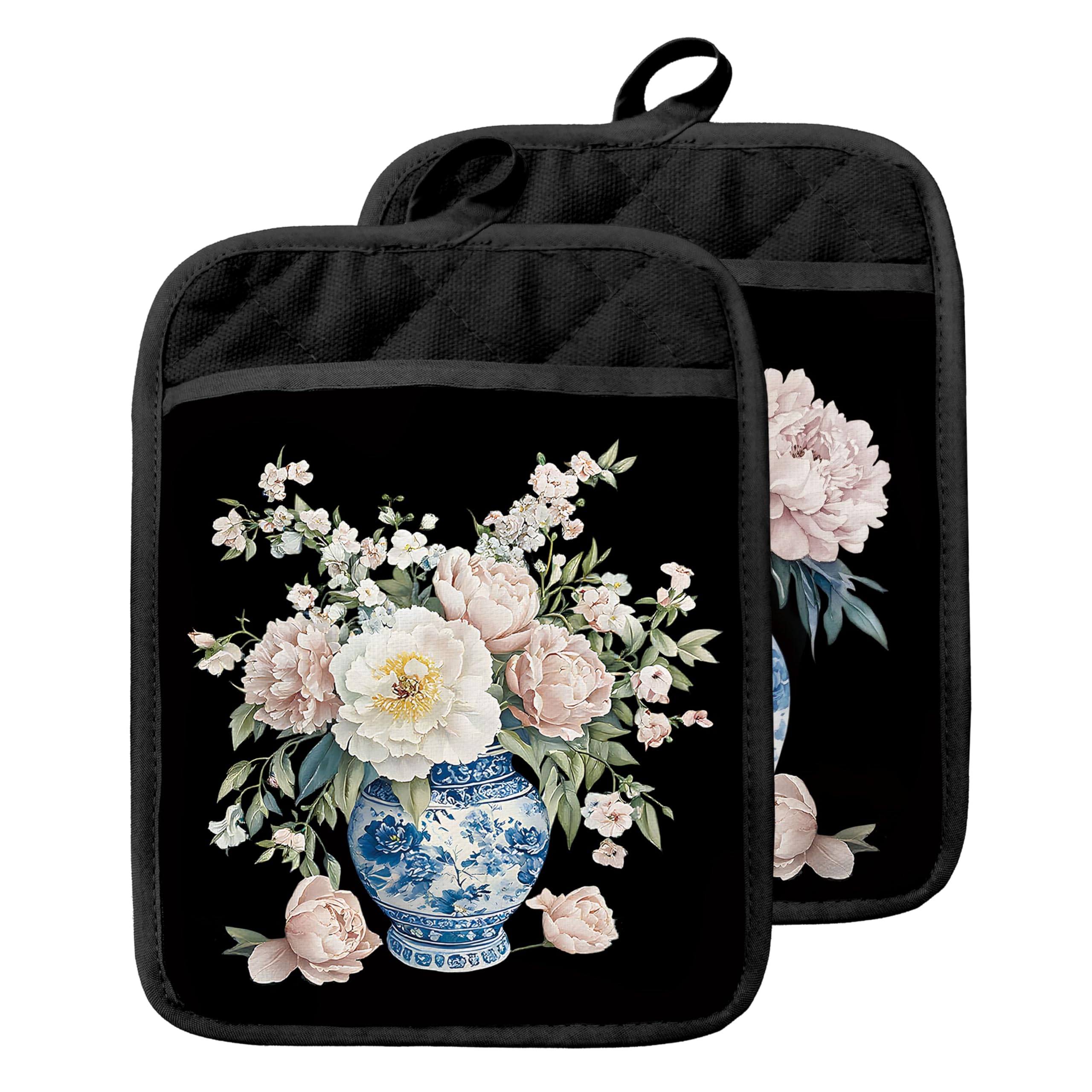 Maniques fleurs roses et blanches avec poches pour four et cuisson