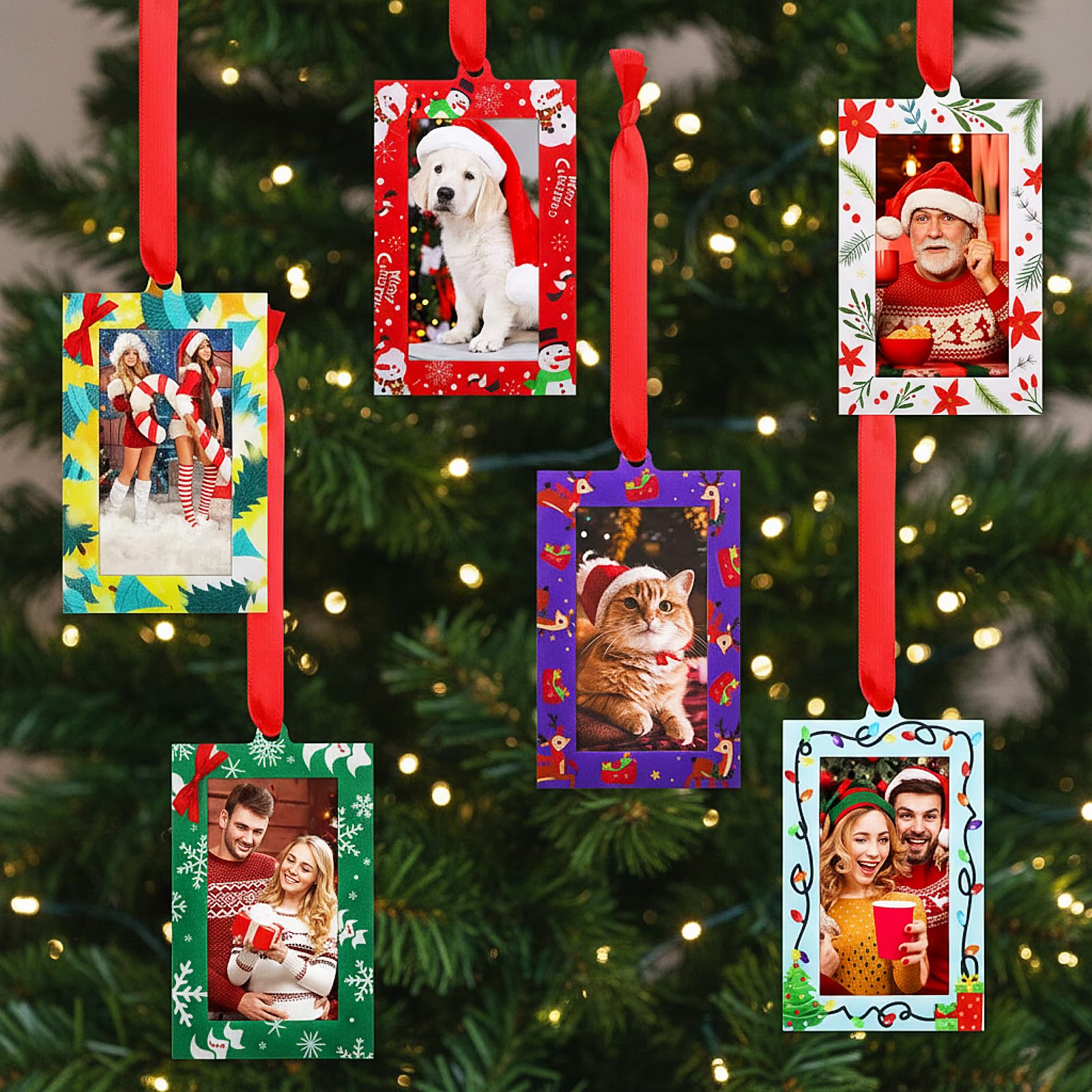 Marsui 12 Pcs Christmas Acrylic Photo Ornaments Hanging Picture Frame Ornaments for Christmas Tree 2 x 3 Inch Small Hanging Picture Frame for Xmas Tree Decoration Winter Holiday Gifts (Cute Xmas)