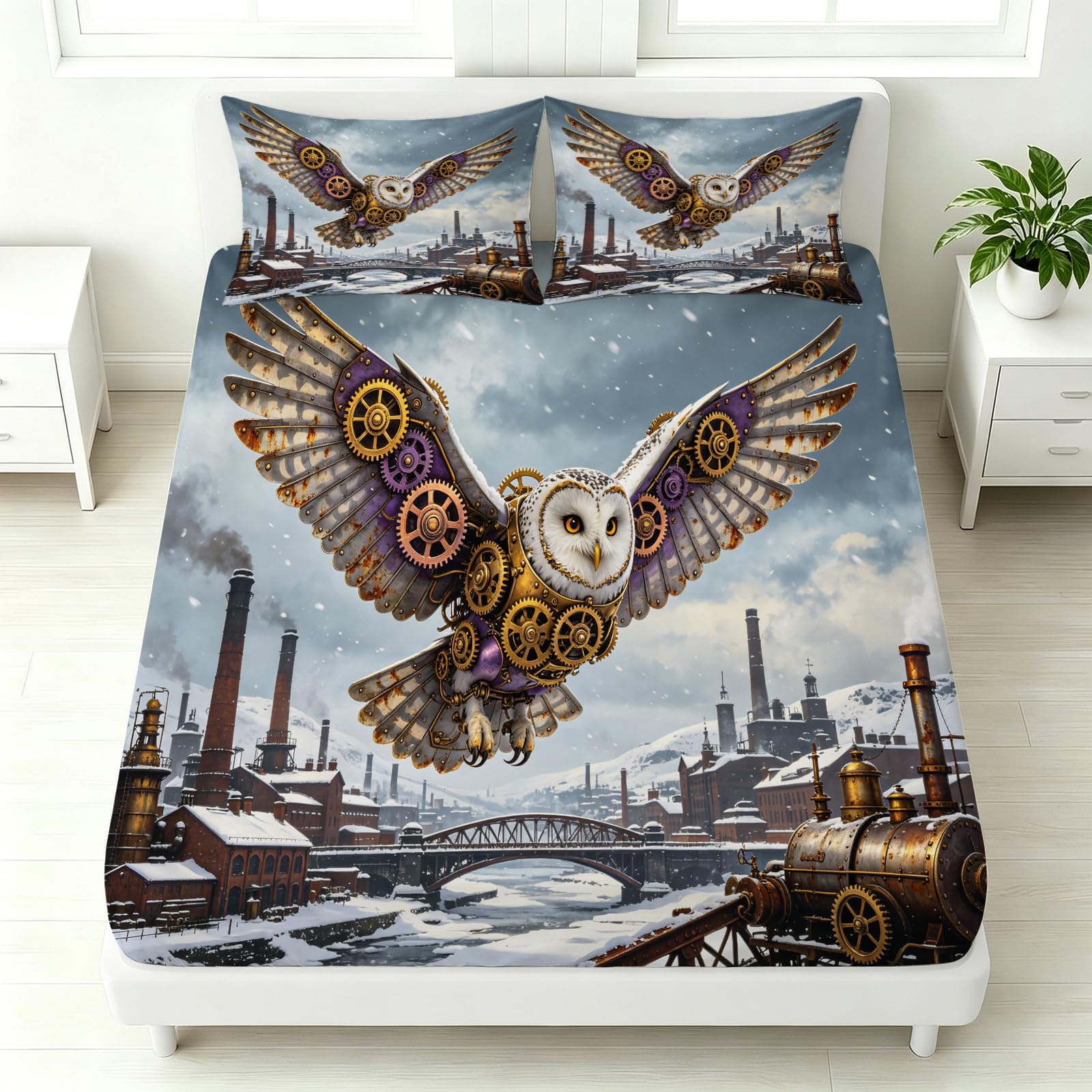 Sábana Bajera 160 x 200 Ajustable Búho Tema Industrial