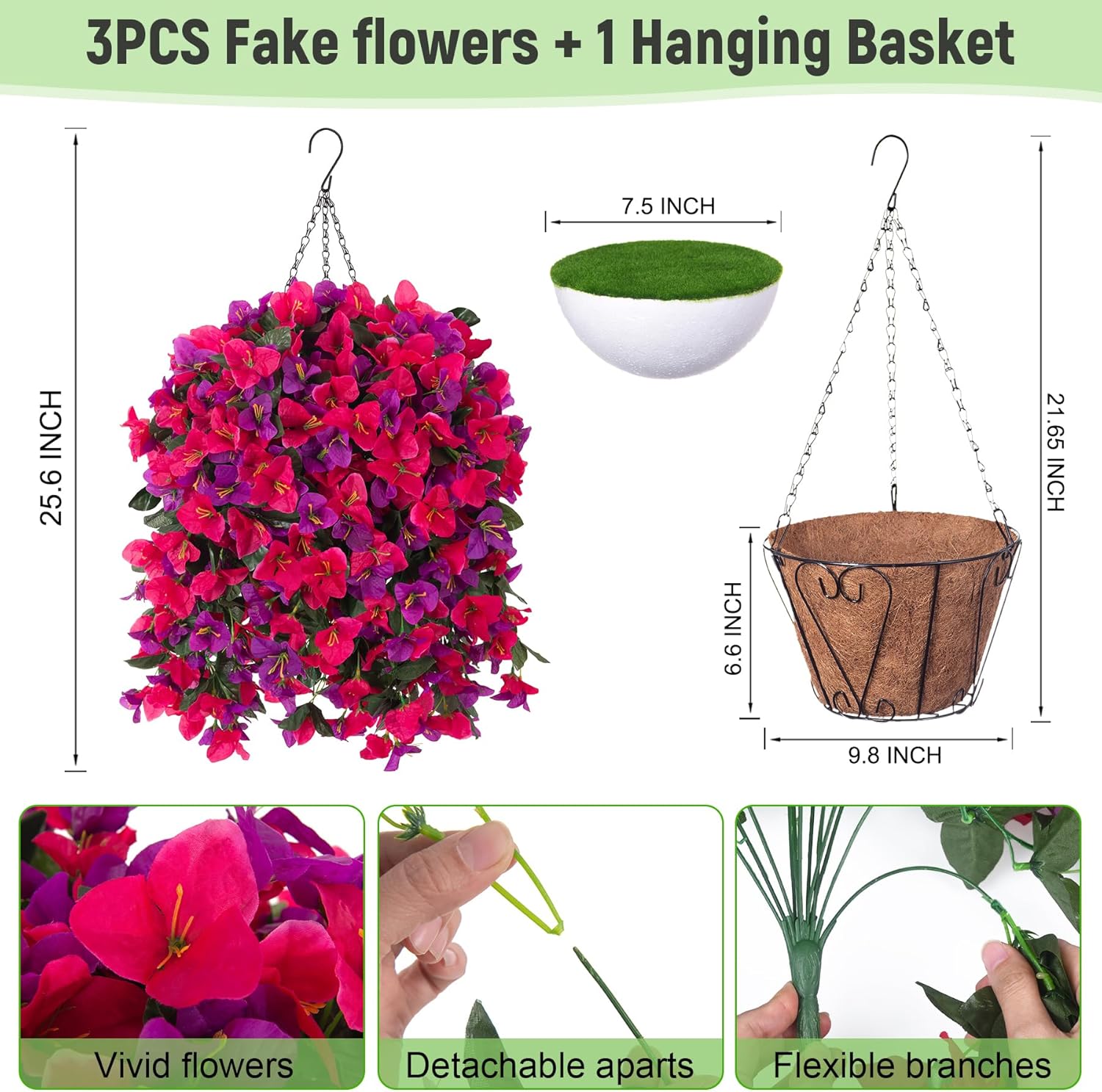 3 pcs Fake Bougainvillea Artificial Hanging Flowers Basket for Outdoors Decoration Faux Hanging Flowers Plants for Outdoor Planters Silk Bougainvillea Vines for Front Door Porch Patio Garden