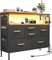 Vista 24 de Cómoda para dormitorio, soporte de TV con tomas de corriente y luz LED, cómoda de 6 cajones con bolsillos laterales y ganchos, cómoda ancha