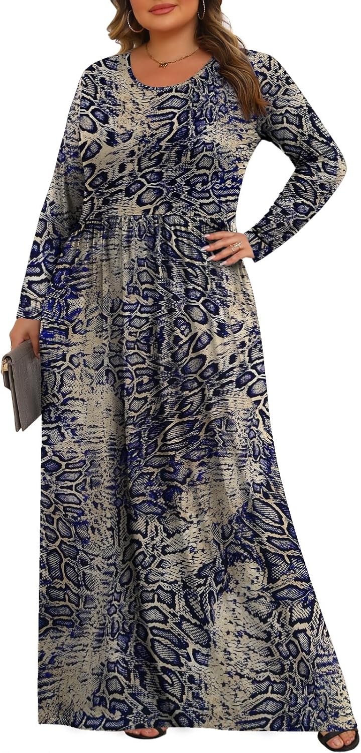 Tencede Womens Plus Size Maxi Dresses Long Sleeve with Pockets Casual Long Dress 1X-5X - Image 2