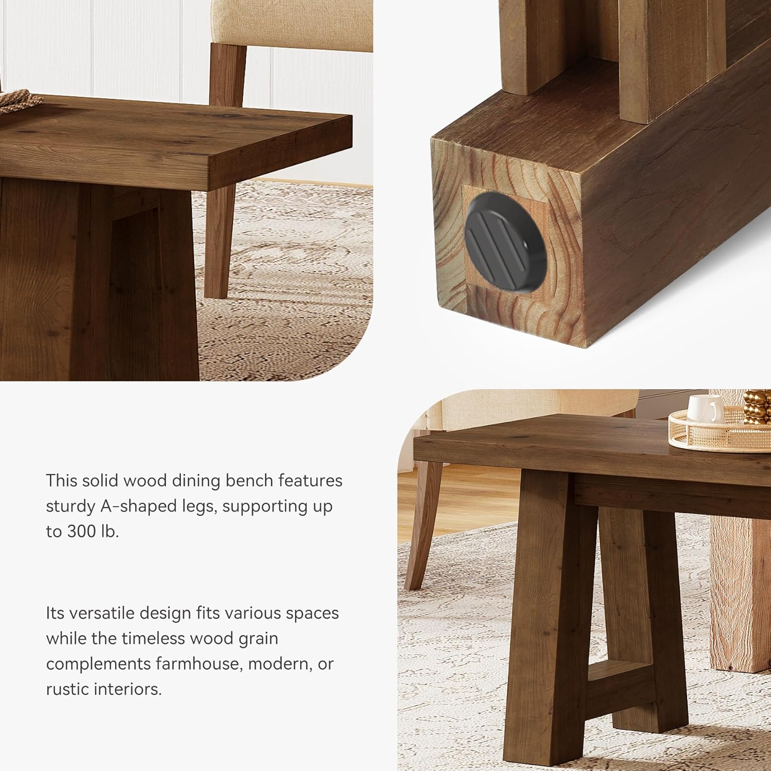 Solid Wood Dining Bench with A-Shaped Legs, 55.12-Inch Farmhouse Entryway Bench Indoor for Hallway, Kitchen, Dining Room, Living Room (Dark Brown)