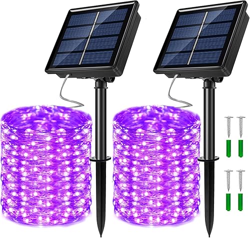 Paquete de 2 tiras de luces solares para exteriores, impermeables, 8 modos de luces parpadeantes de decoración de Navidad, cada una de 33 pies a 100