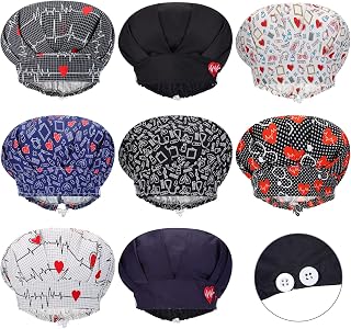8 Pieces Adjustable Bouffant Buttons Caps Tie Back Printed Hats with Sweatband Hat One Size Working Head Cover for Women Men, 8 Styles