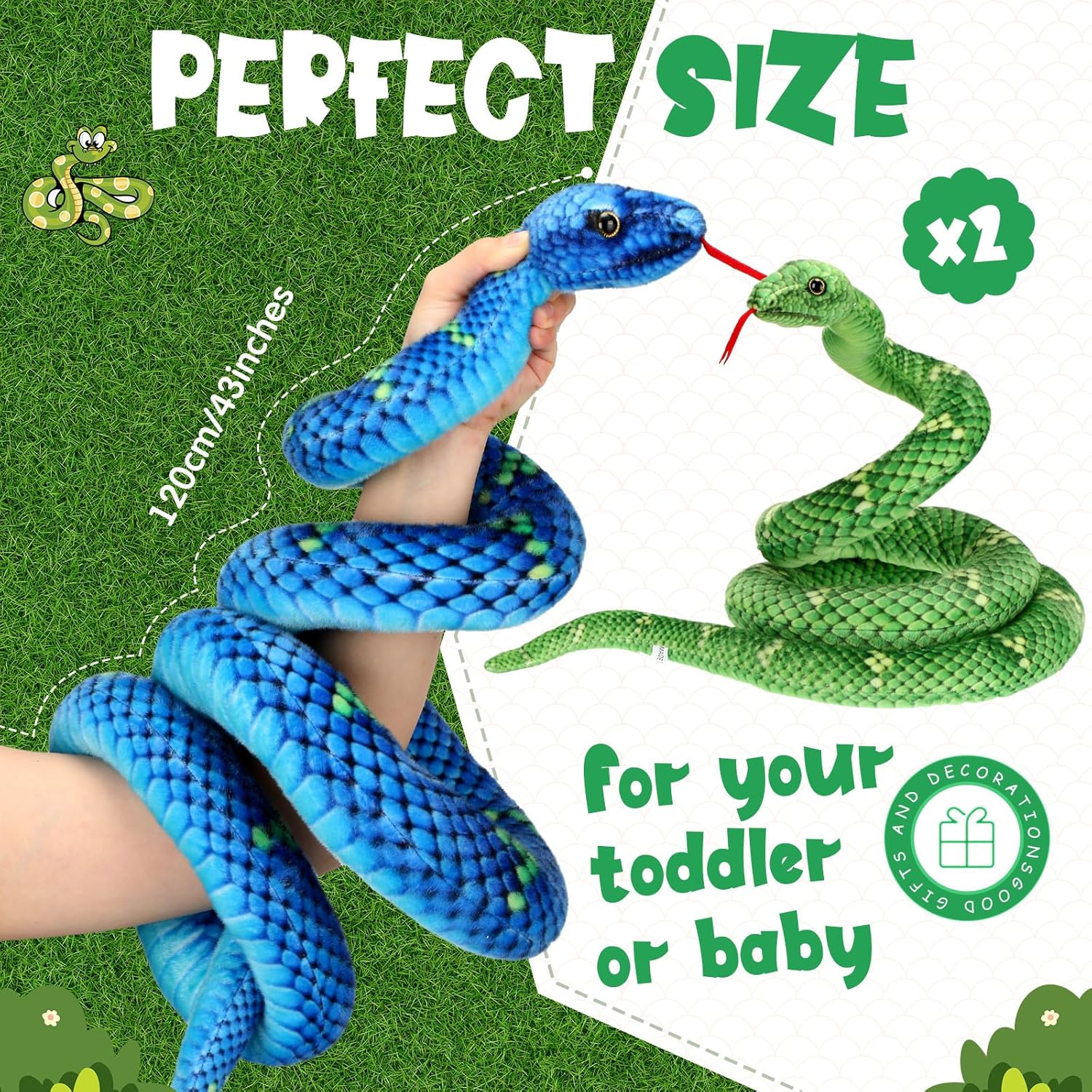 Hiboom 2 Pcs 80 Inch Giant Boa Constrictor Plush Snake Stuffed Animal, Lifelike Giant Snake Plush Toy Realistic Stuffed Animal Gifts for Birthday, Halloween, Christmas, Home Decoration, Green and Blue