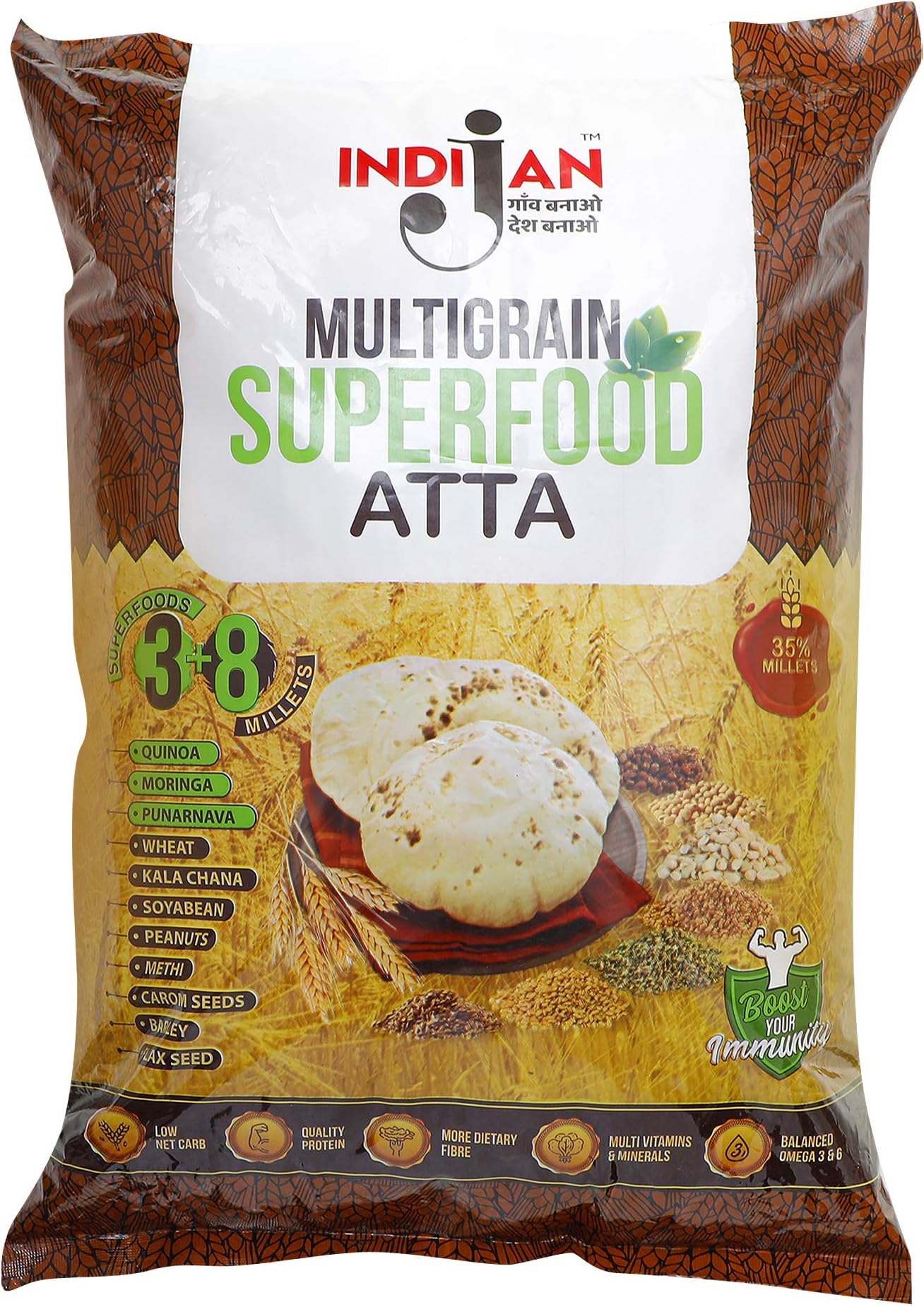 Indijan Multigrain Superfood Atta/Flour 5 Kg|11 Ingridients & 35% Millets+Superfoods/Low carb + Protein+ Vitamins+ Dietary fibre/100% Wholegrain/Immunity Booster/Diabetic Friendly/Low GI