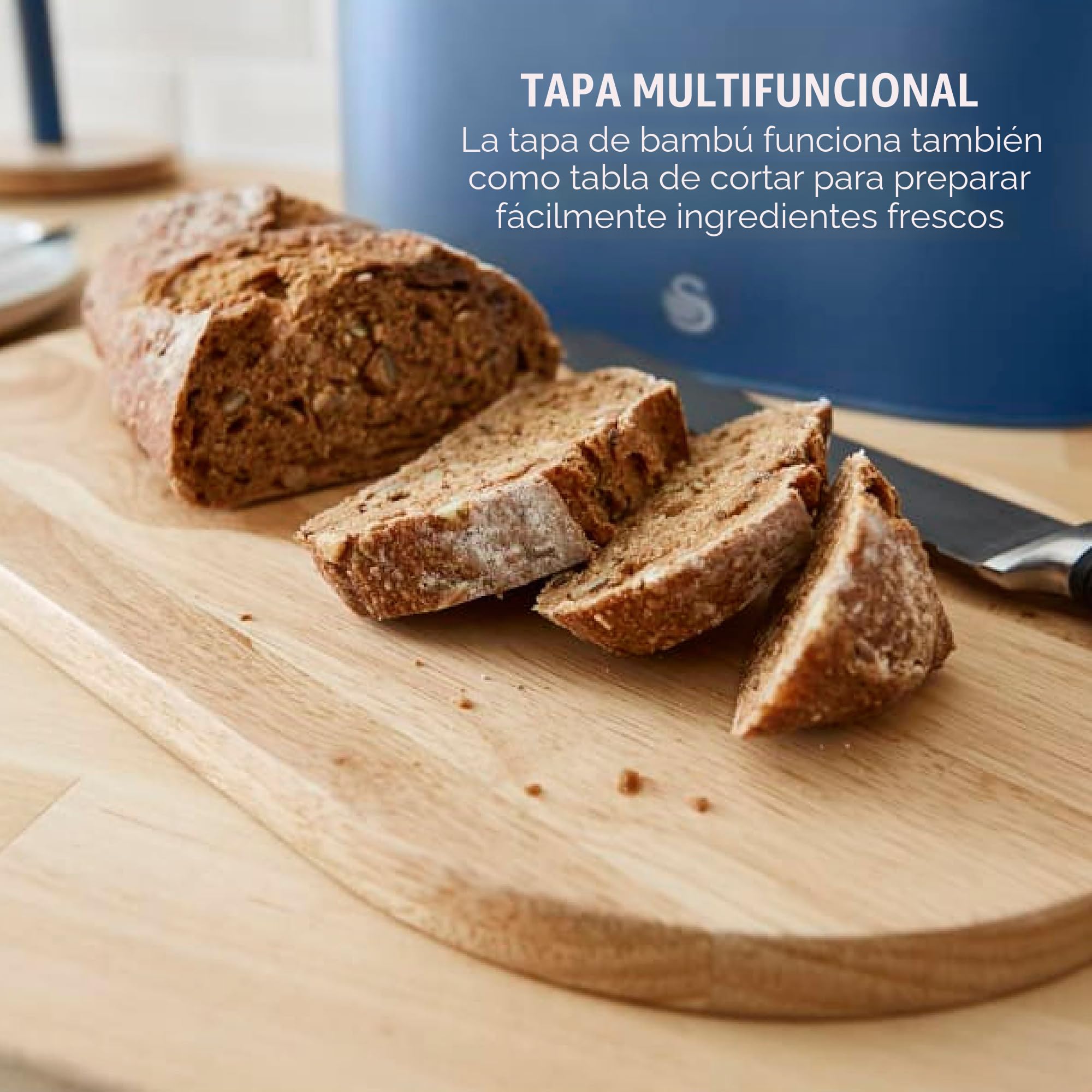 Swan Nordic Panera de Mesa para Guardar, Tapa Tabla de Cortar de Bambú, Contenedor de Acero al Carbono para Almacenamiento de Pan y Bollería, Bread Bin, Diseño Moderno, Azul, Talla única