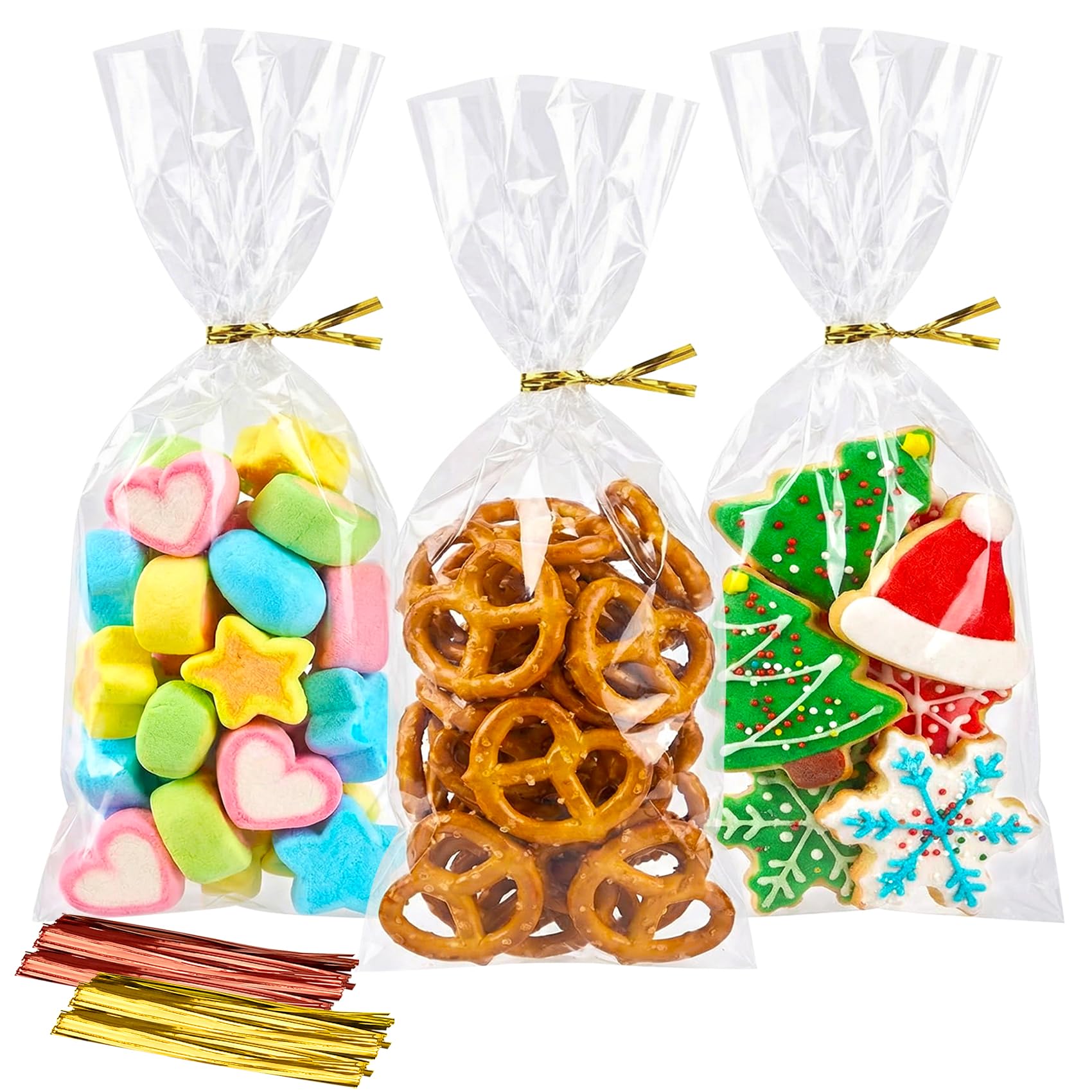 Morepack Cellophane Treat Bags, 4x9 Inches 200 Pcs OPP Plastic Treat Bags with 200 Twist Ties for Gift Wrapping,Packaging Candies,Bakery, Cookies,